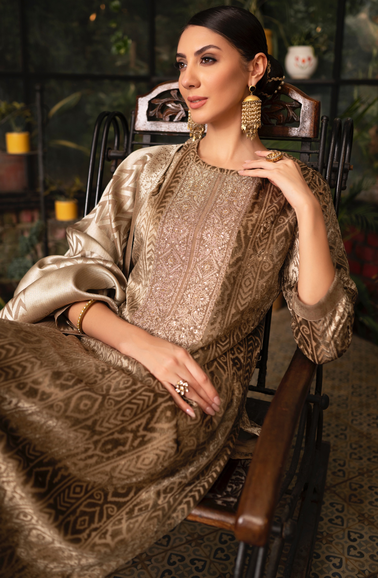 Brown Velvet Embroidery and Handwork Suit-Set with Pure Silk Jacquard Dupatta - MOR2285B