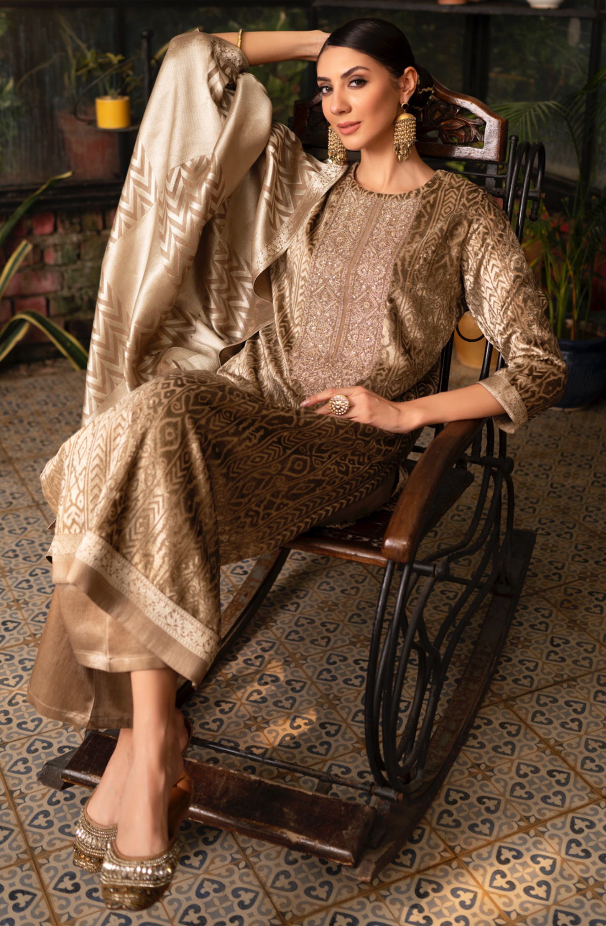 Brown Velvet Embroidery and Handwork Suit-Set with Pure Silk Jacquard Dupatta - MOR2285B