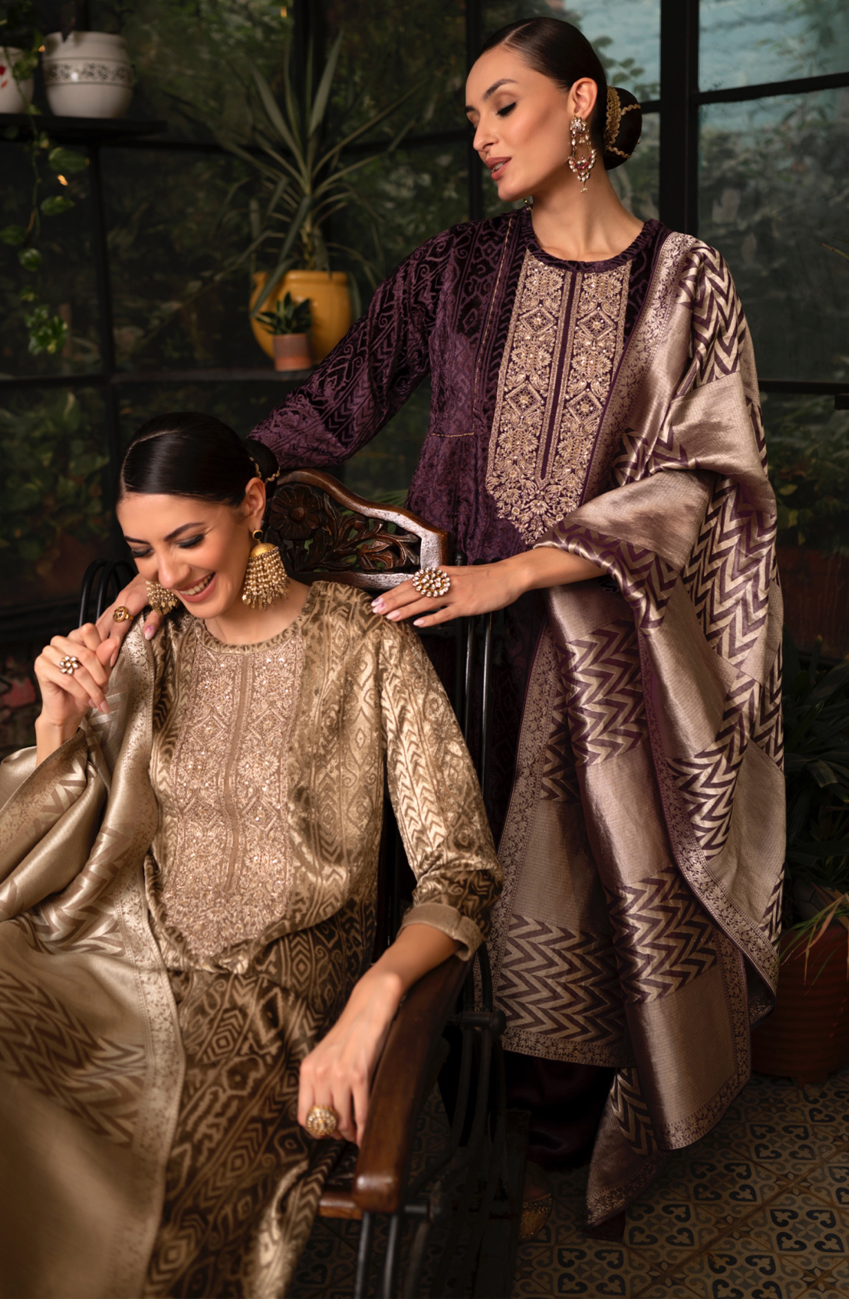 Brown Velvet Embroidery and Handwork Suit-Set with Pure Silk Jacquard Dupatta - MOR2285B