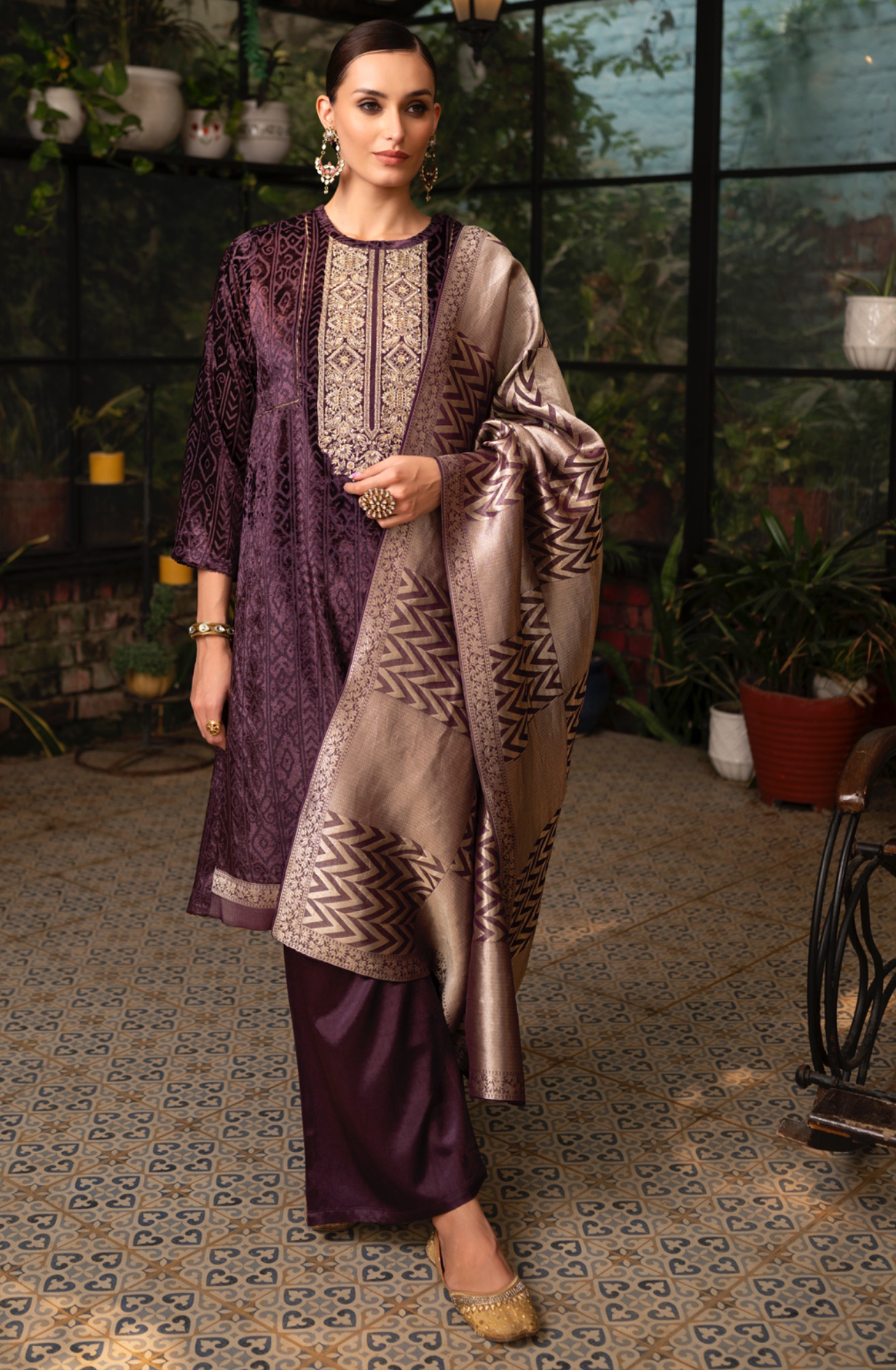 Purple Velvet Embroidery and Handwork Suit-Set with Pure Silk Jacquard Dupatta - MOR2285C