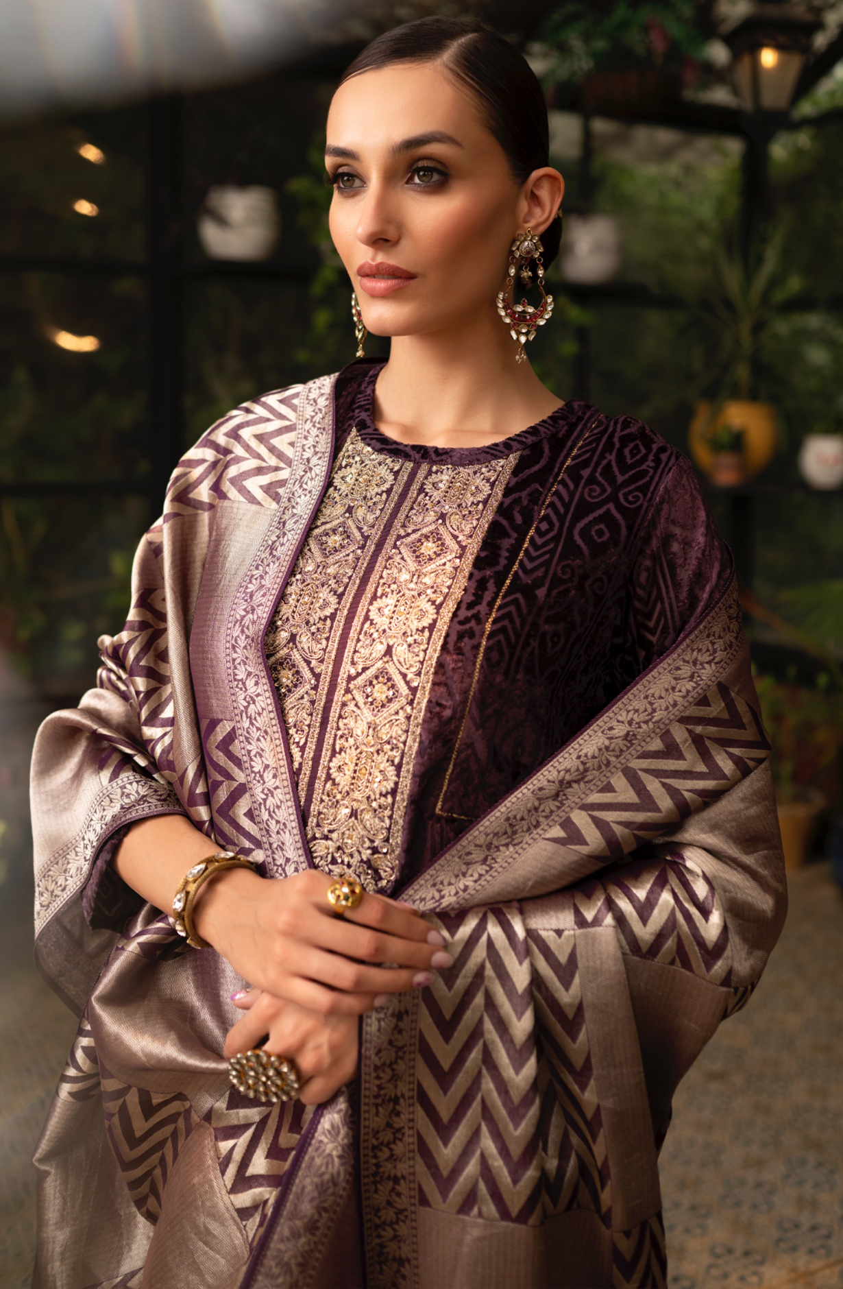 Purple Velvet Embroidery and Handwork Suit-Set with Pure Silk Jacquard Dupatta - MOR2285C