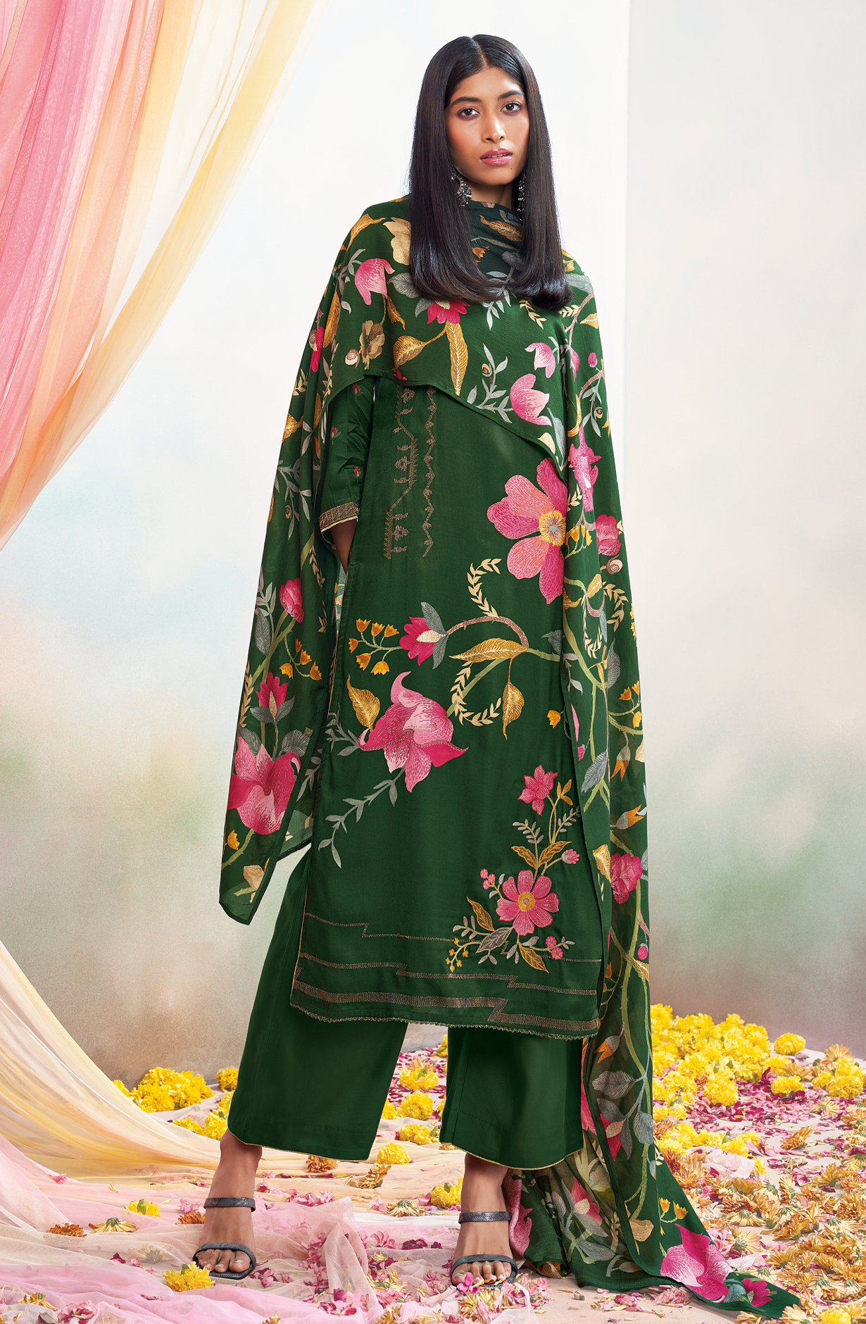 Bottle Green Beautiful Pashmina Silk Printed Suit-sets with Embroidery - MORC1635