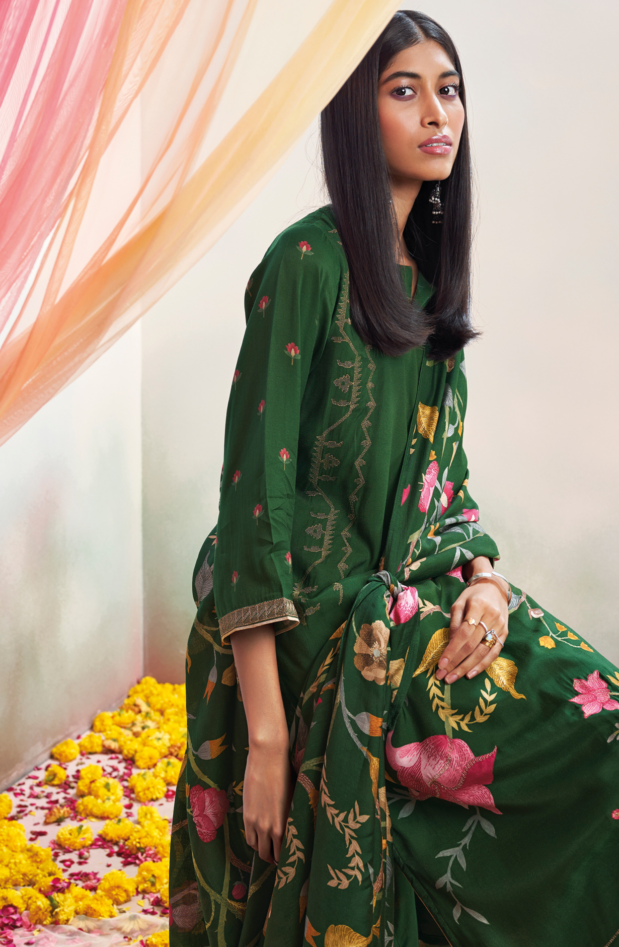 Bottle Green Beautiful Pashmina Silk Printed Suit-sets with Embroidery - MORC1635