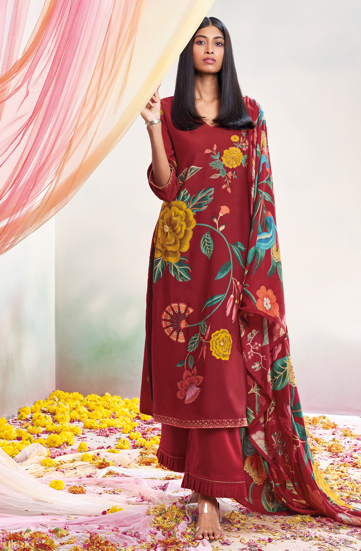 Maroon Beautiful Pashmina Silk Printed Suit-sets with Embroidery - MORC1636