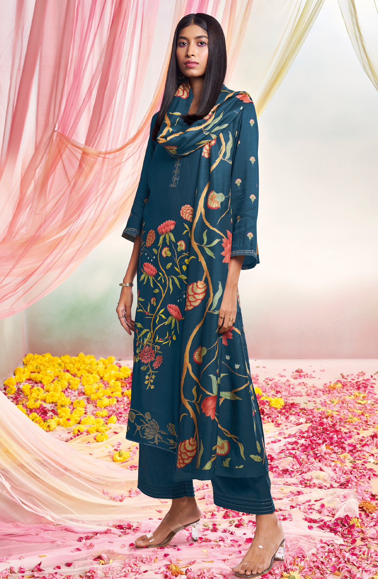Teal Beautiful Pashmina Silk Printed Suit-sets with Embroidery - MORC1637