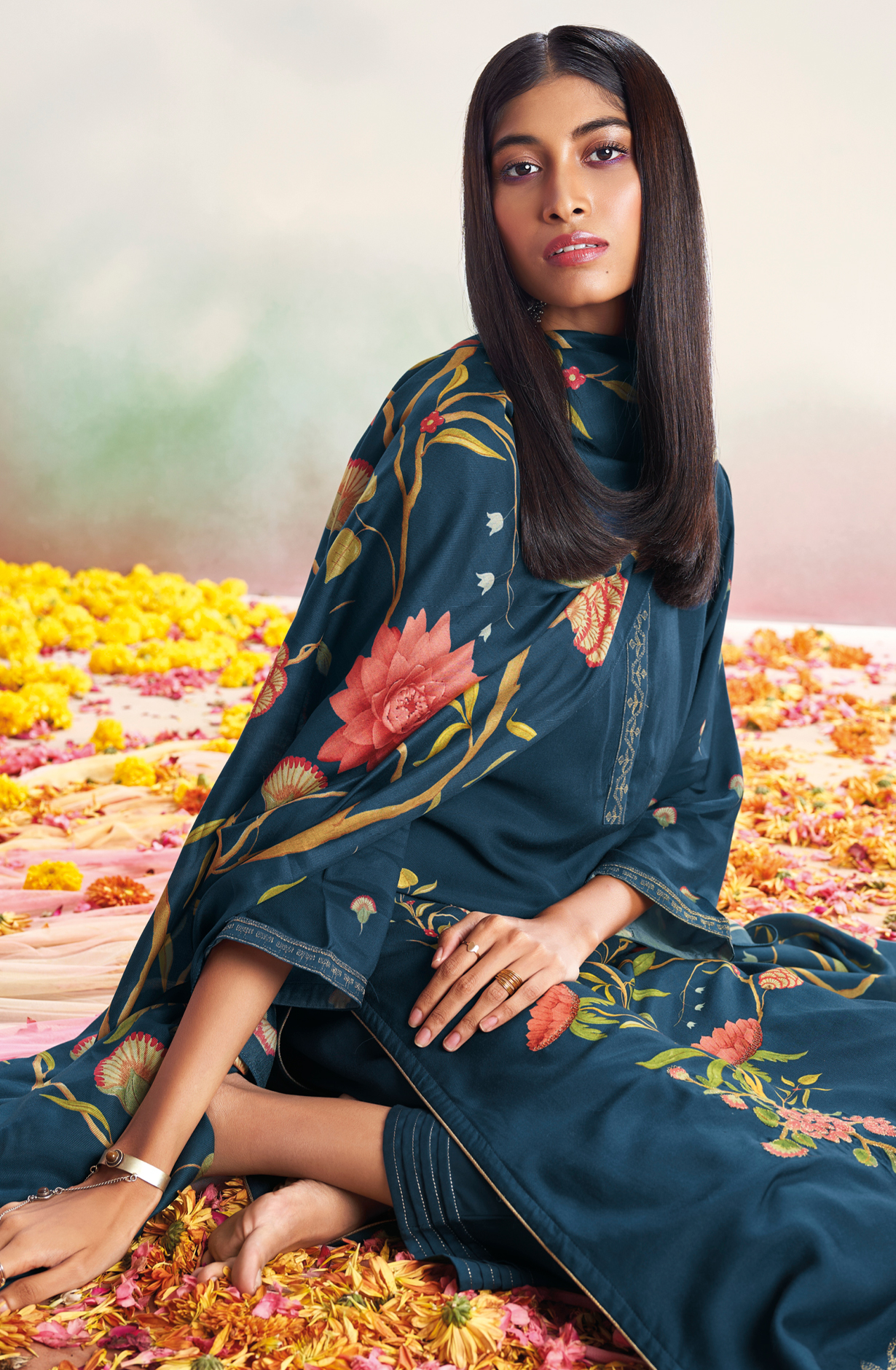 Teal Beautiful Pashmina Silk Printed Suit-sets with Embroidery - MORC1637