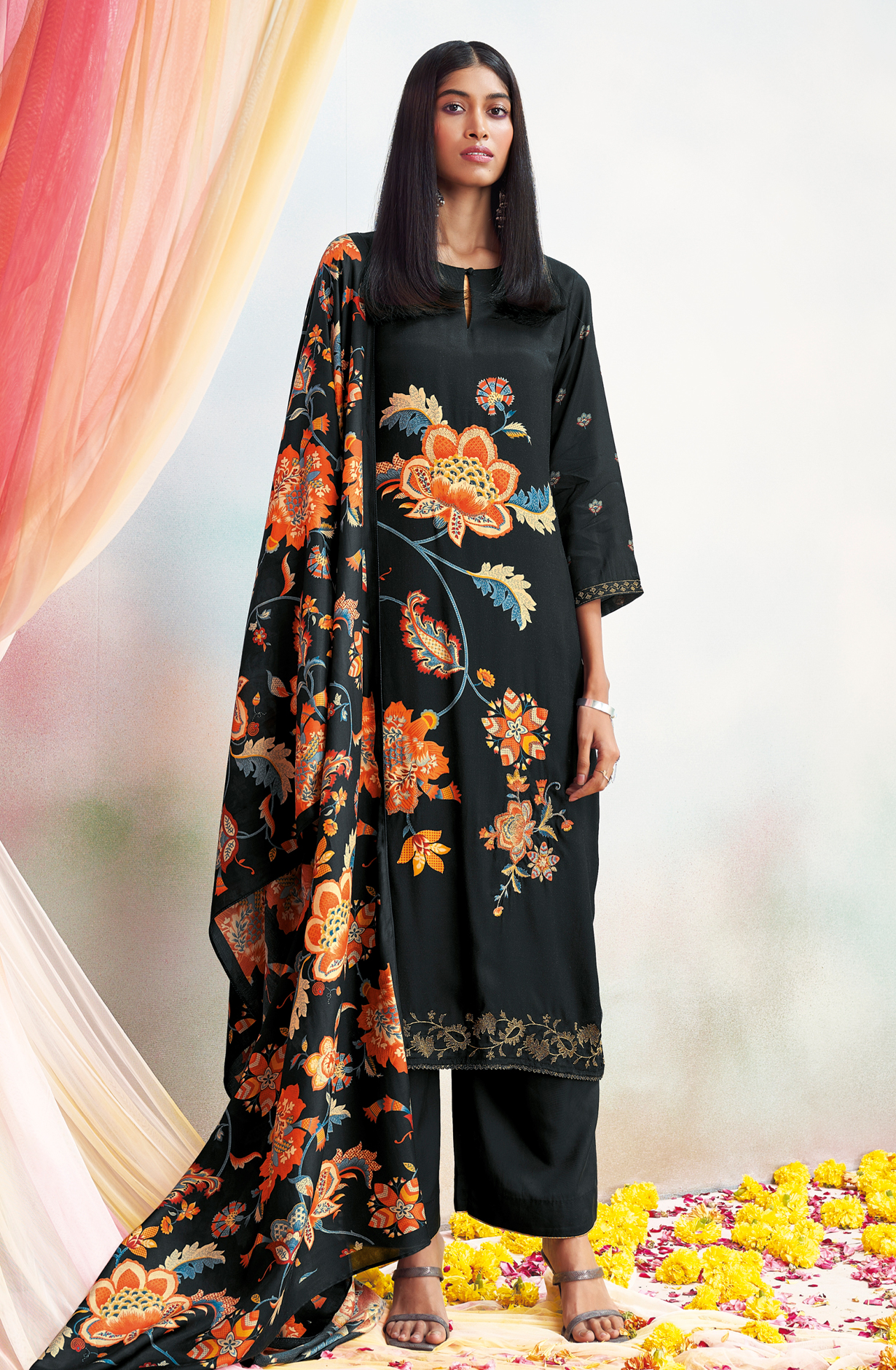 Black Beautiful Pashmina Silk Printed Suit-sets with Embroidery - MORC1638