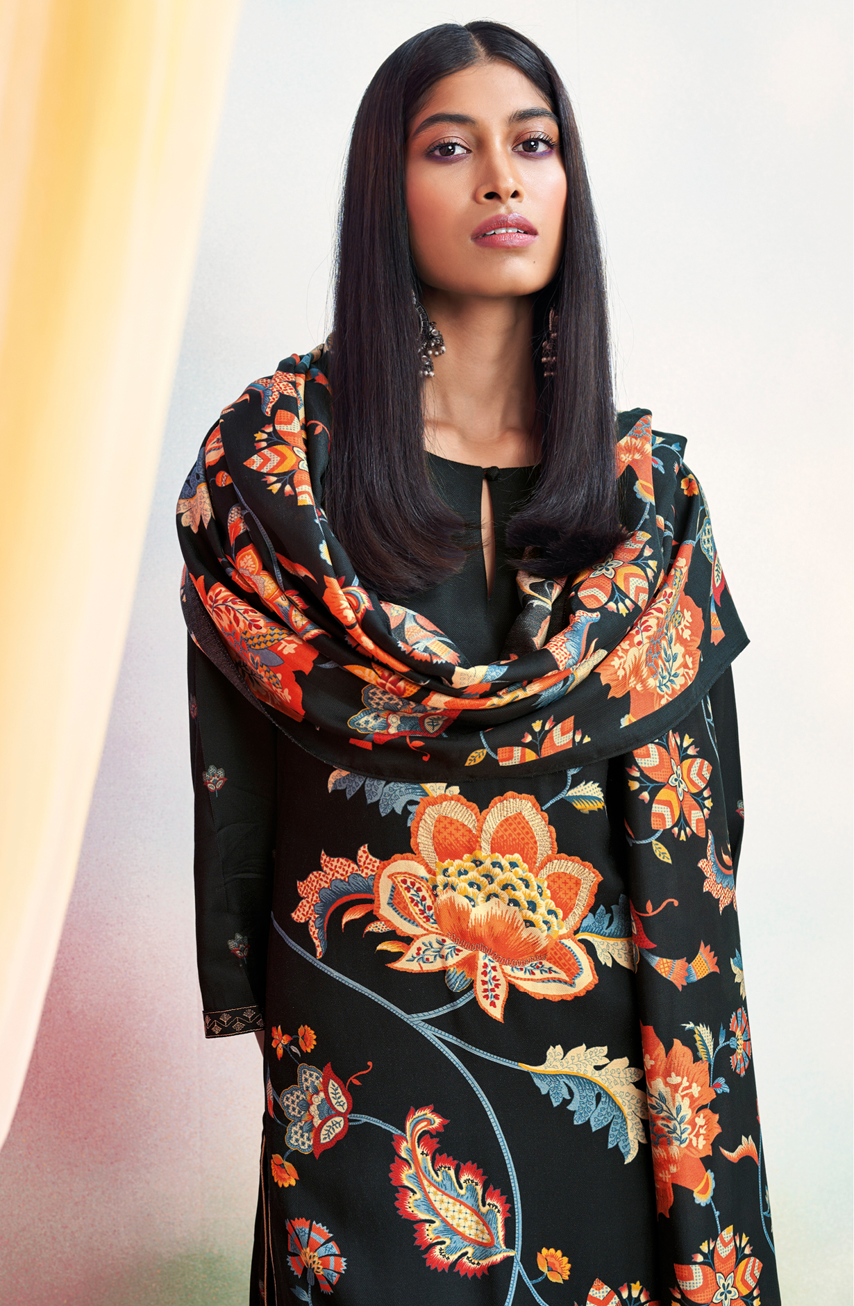 Black Beautiful Pashmina Silk Printed Suit-sets with Embroidery - MORC1638