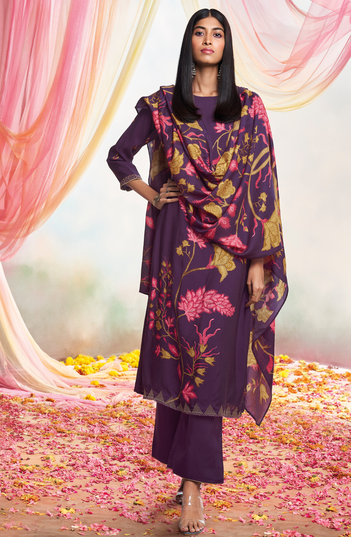 Purple Beautiful Pashmina Silk Printed Suit-sets with Embroidery - MORC1640