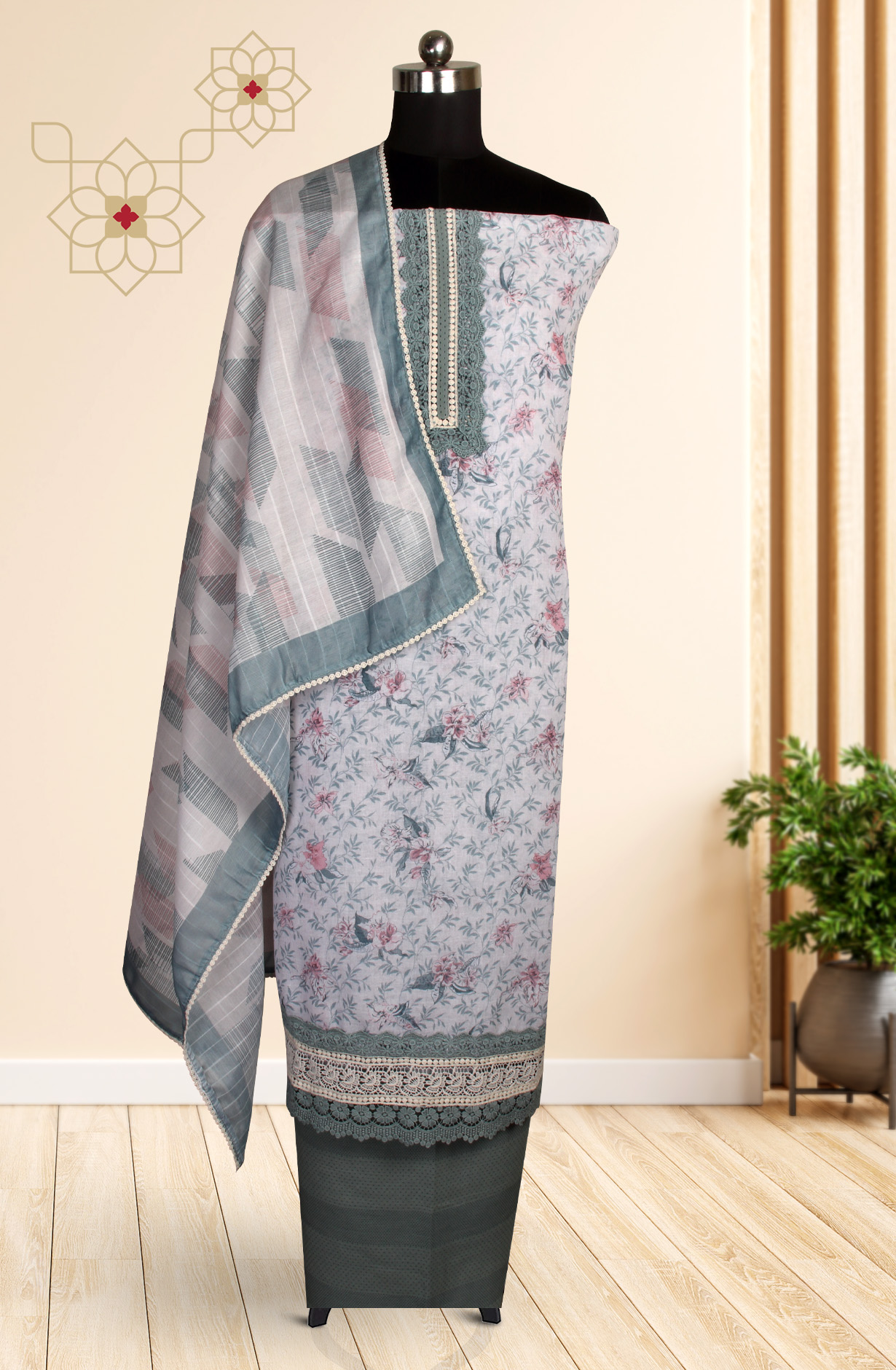 Off-white and Grey Linen Exclusive Lacework Salwar Kameez Dupatta - MOZ1903B