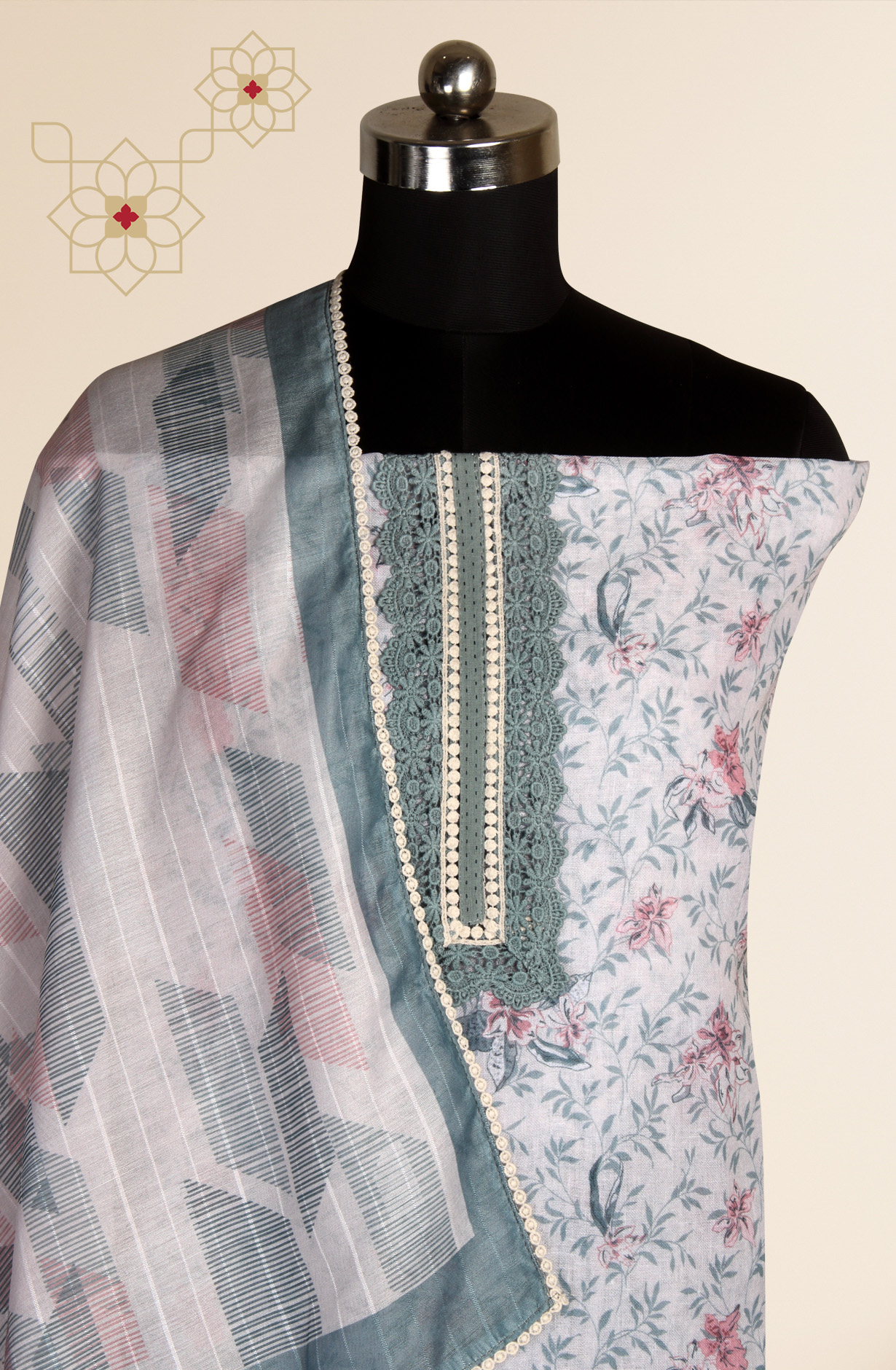 Off-white and Grey Linen Exclusive Lacework Salwar Kameez Dupatta - MOZ1903B