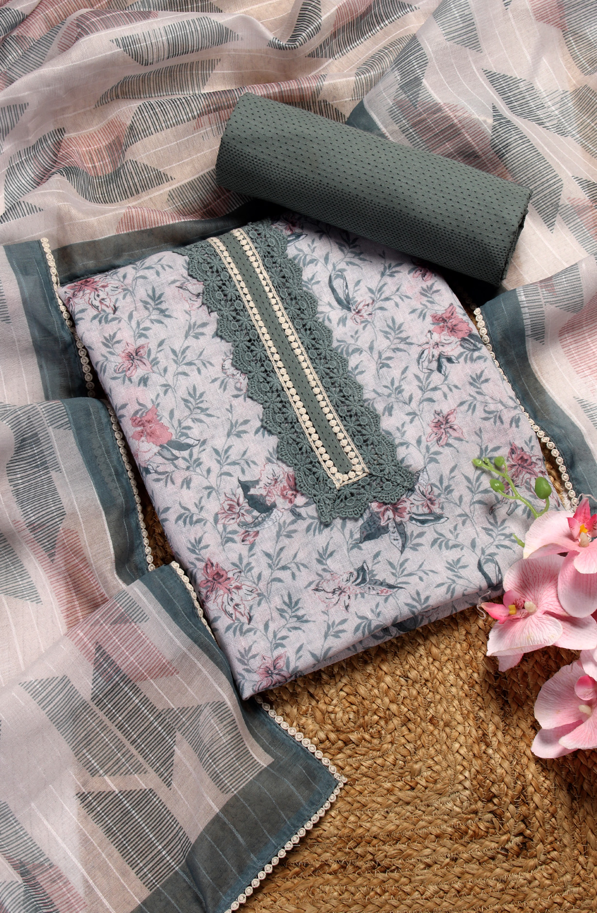 Off-white and Grey Linen Exclusive Lacework Salwar Kameez Dupatta - MOZ1903B