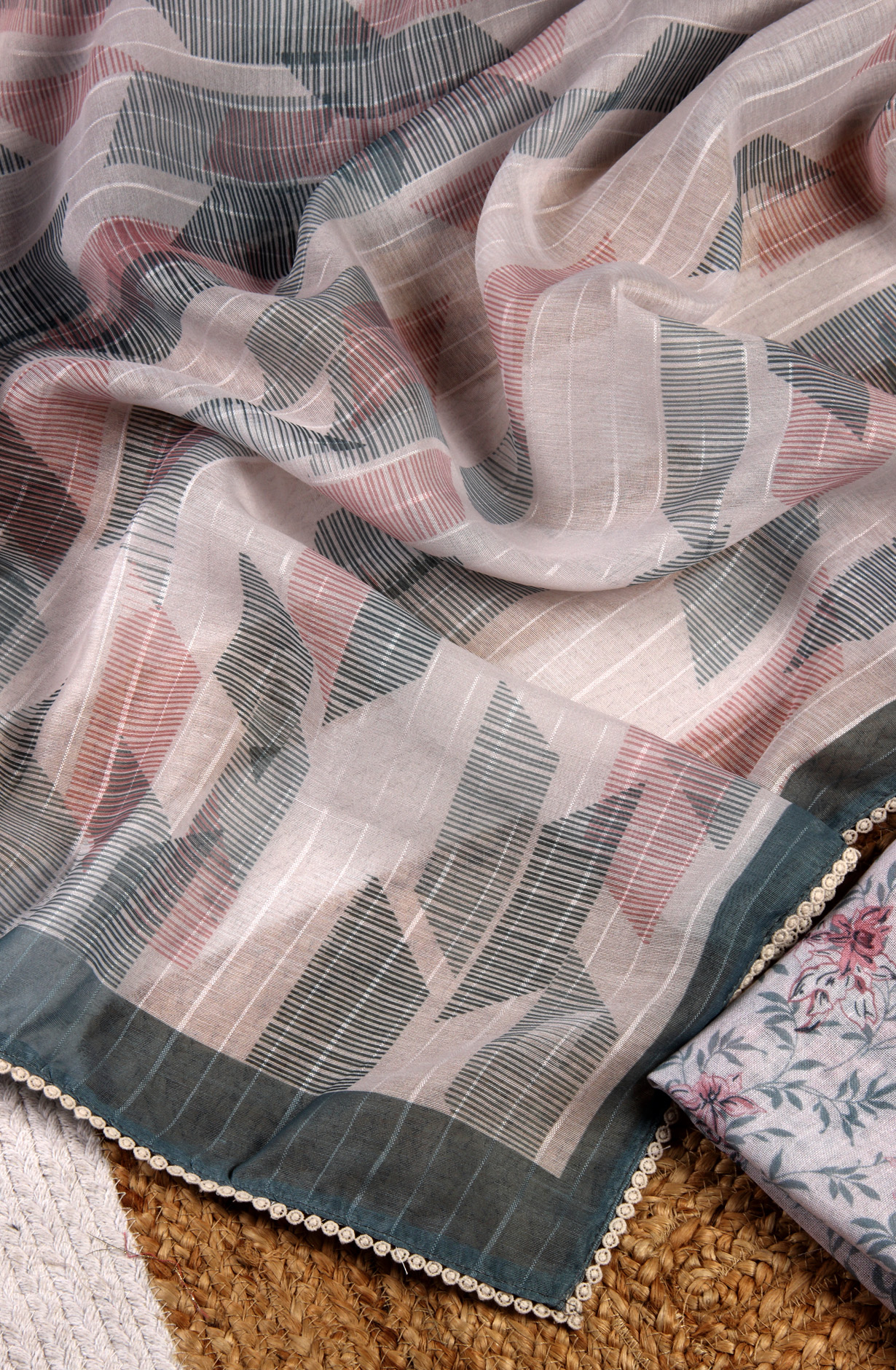 Off-white and Grey Linen Exclusive Lacework Salwar Kameez Dupatta - MOZ1903B