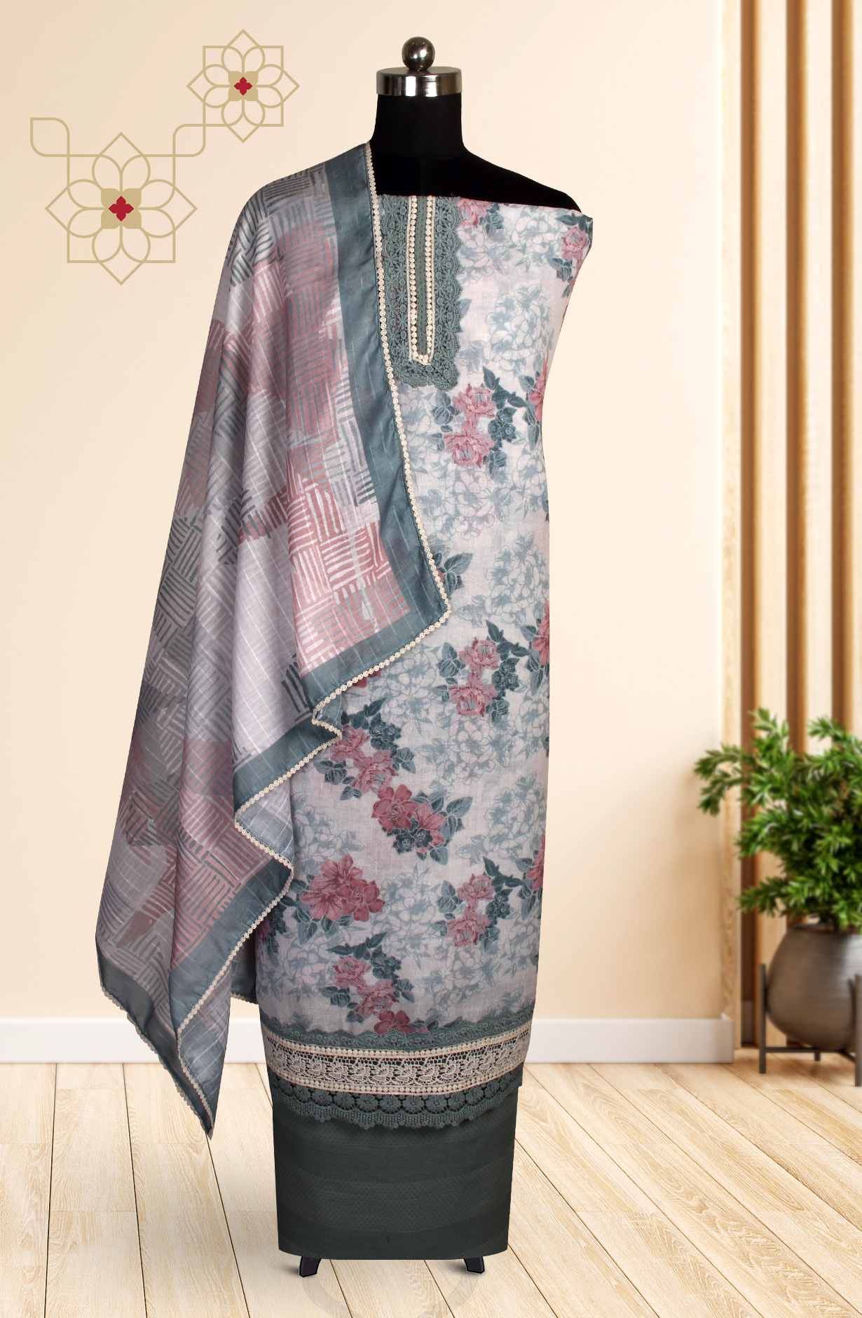 Off-white and Grey Linen Exclusive Lacework Salwar Kameez Dupatta - MOZ1903C