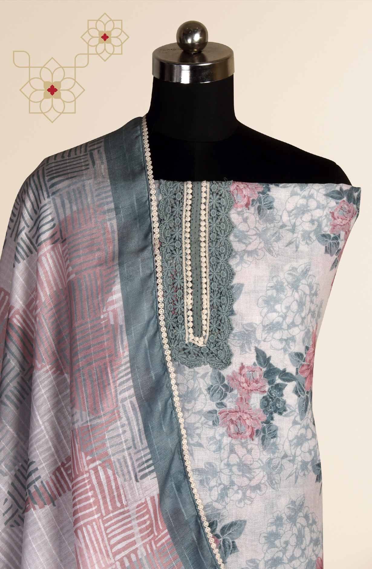 Off-white and Grey Linen Exclusive Lacework Salwar Kameez Dupatta - MOZ1903C