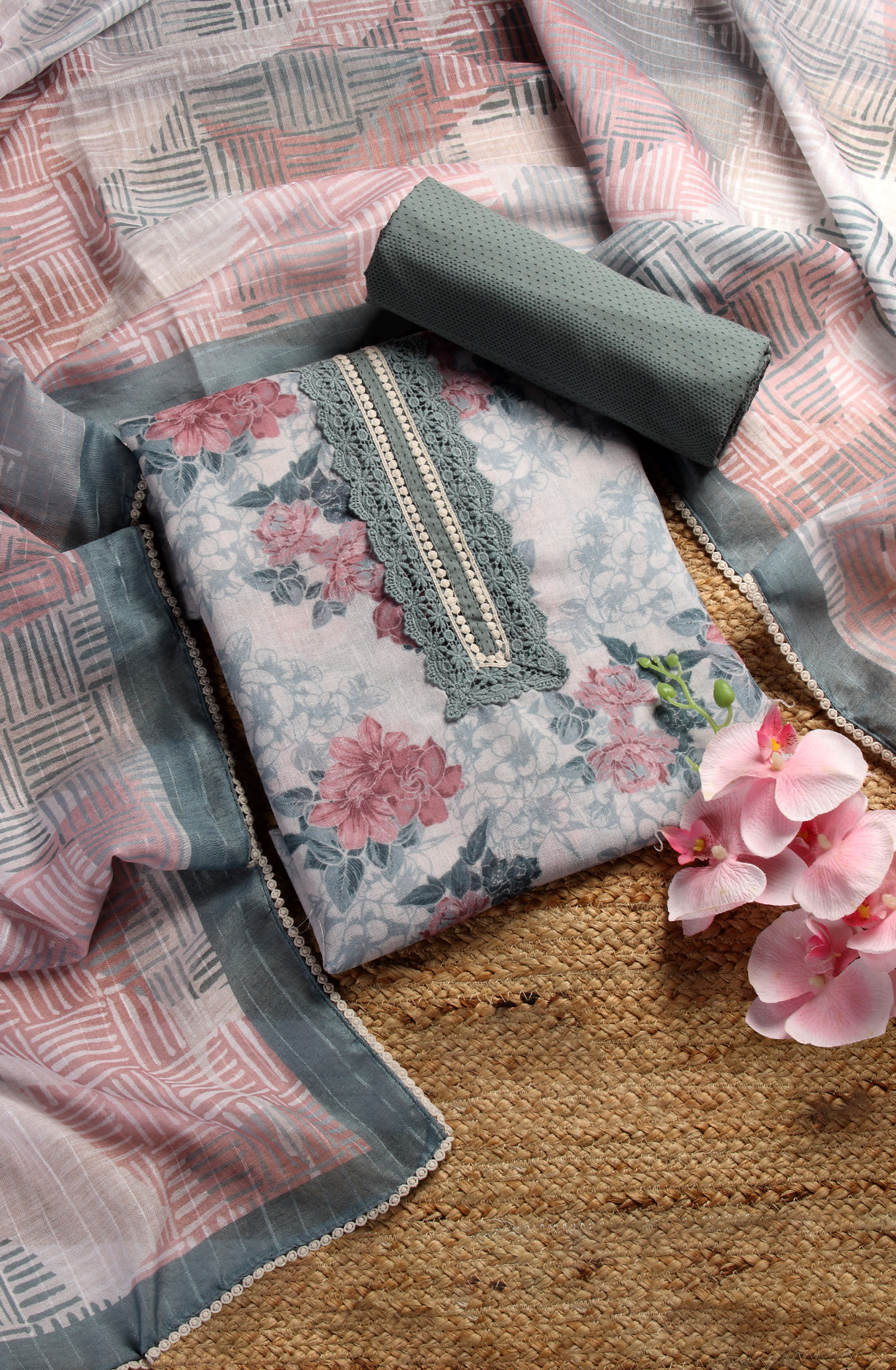 Off-white and Grey Linen Exclusive Lacework Salwar Kameez Dupatta - MOZ1903C