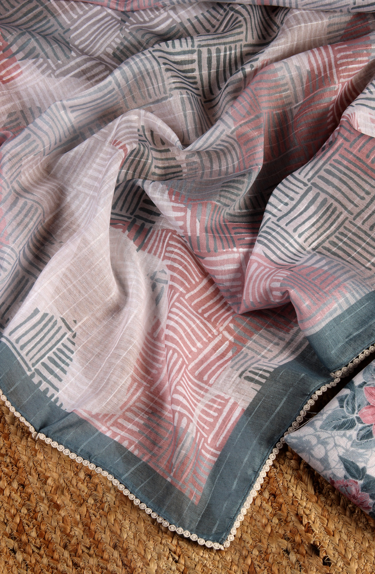 Off-white and Grey Linen Exclusive Lacework Salwar Kameez Dupatta - MOZ1903C