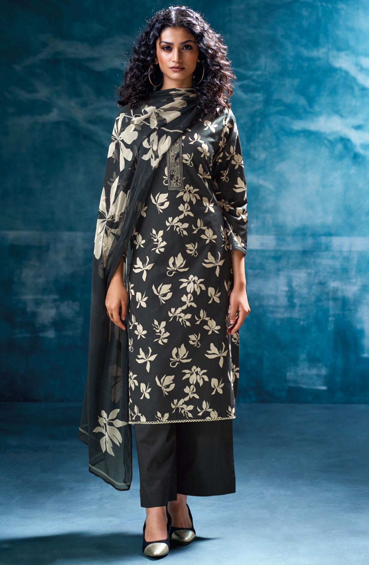 Black Printed Cotton Suit Dupatta- MRIS3581A