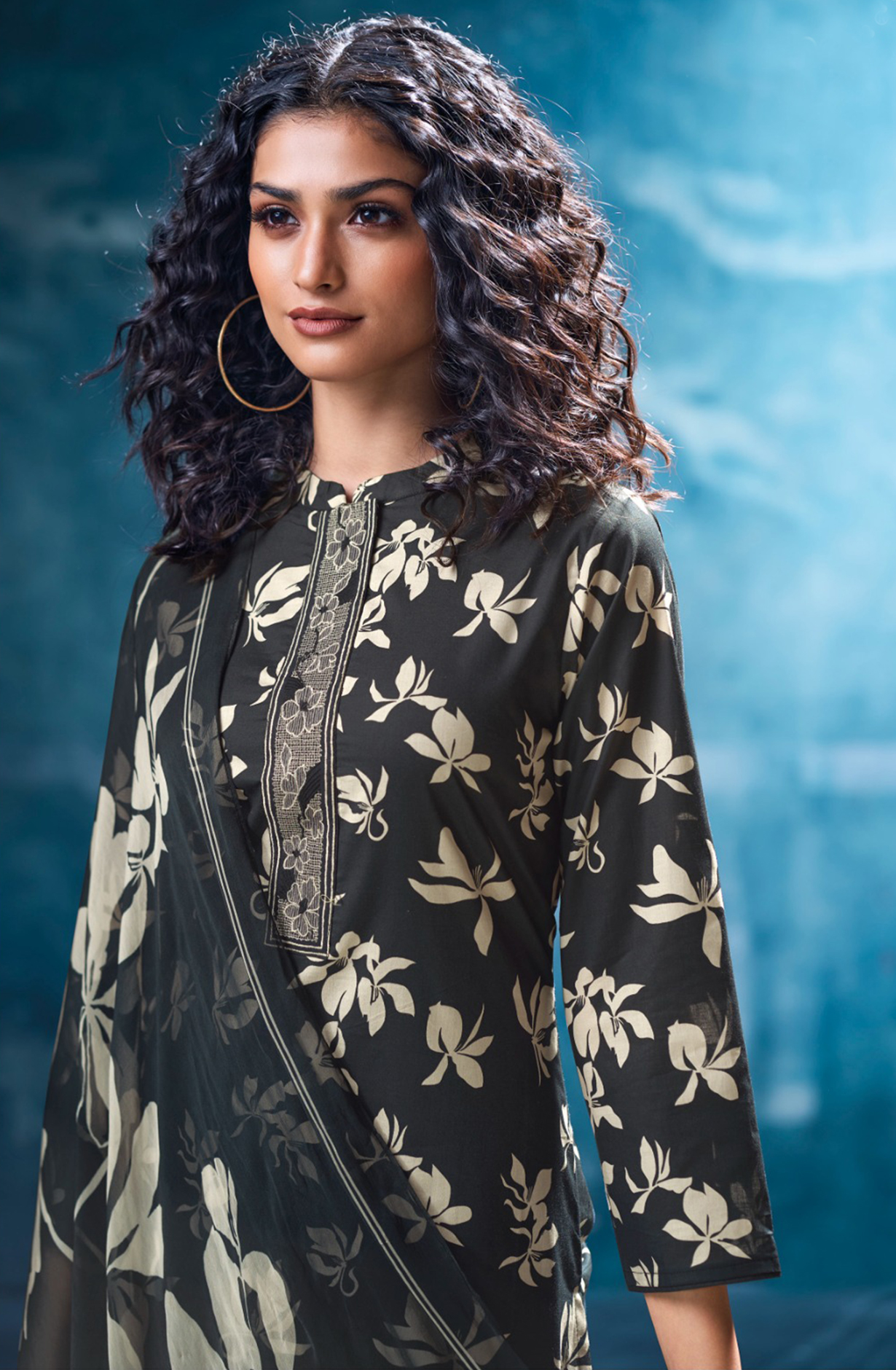 Black Printed Cotton Suit Dupatta- MRIS3581A
