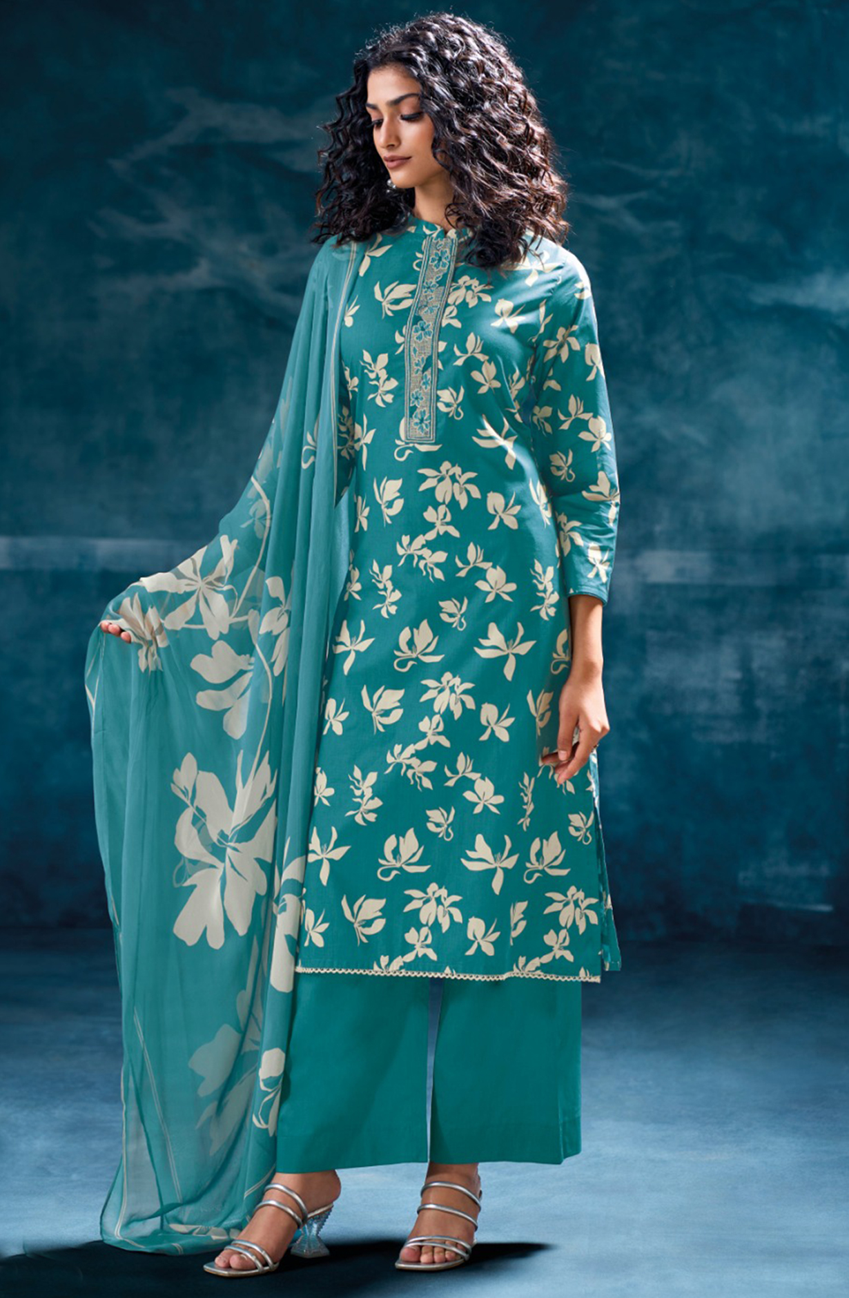 Firozi Printed Cotton Suit Dupatta- MRIS3581D