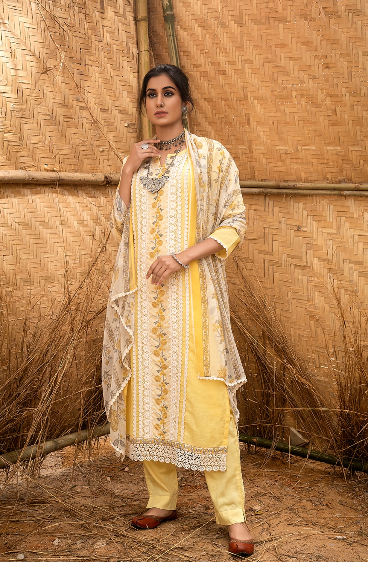 Yellow Cotton Lace Work Salwar Kameez with Chiffon Dupatta - MUD6012