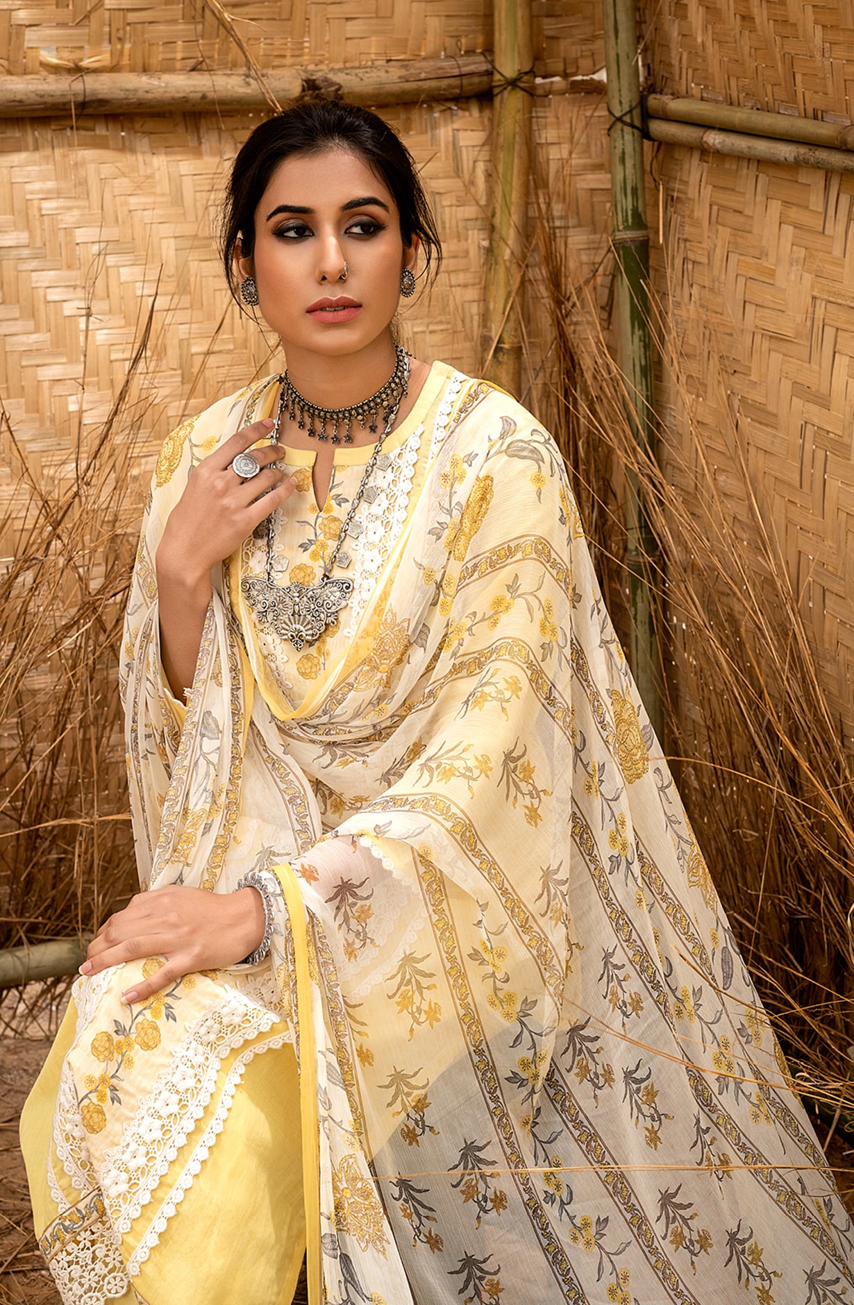 Yellow Cotton Lace Work Salwar Kameez with Chiffon Dupatta - MUD6012