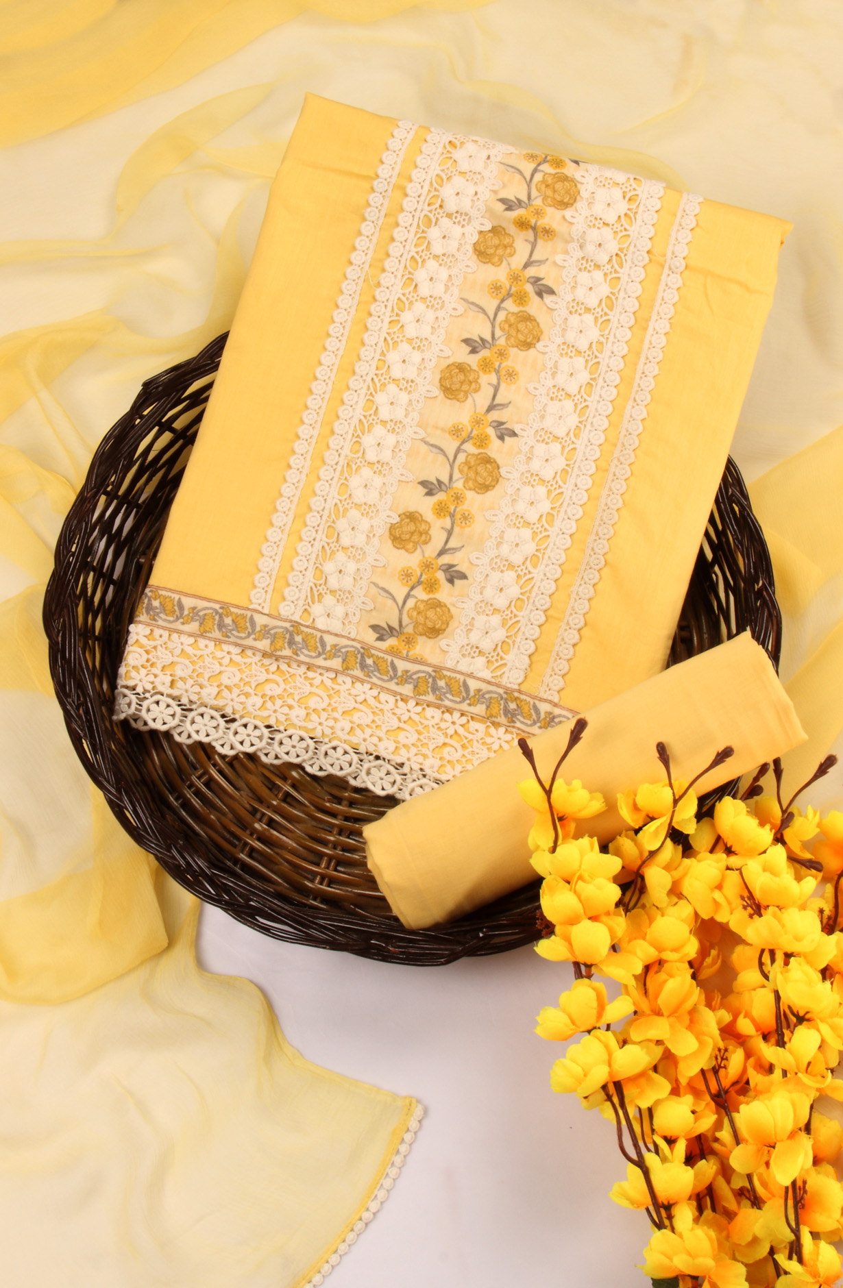 Yellow Cotton Lace Work Salwar Kameez with Chiffon Dupatta - MUD6012