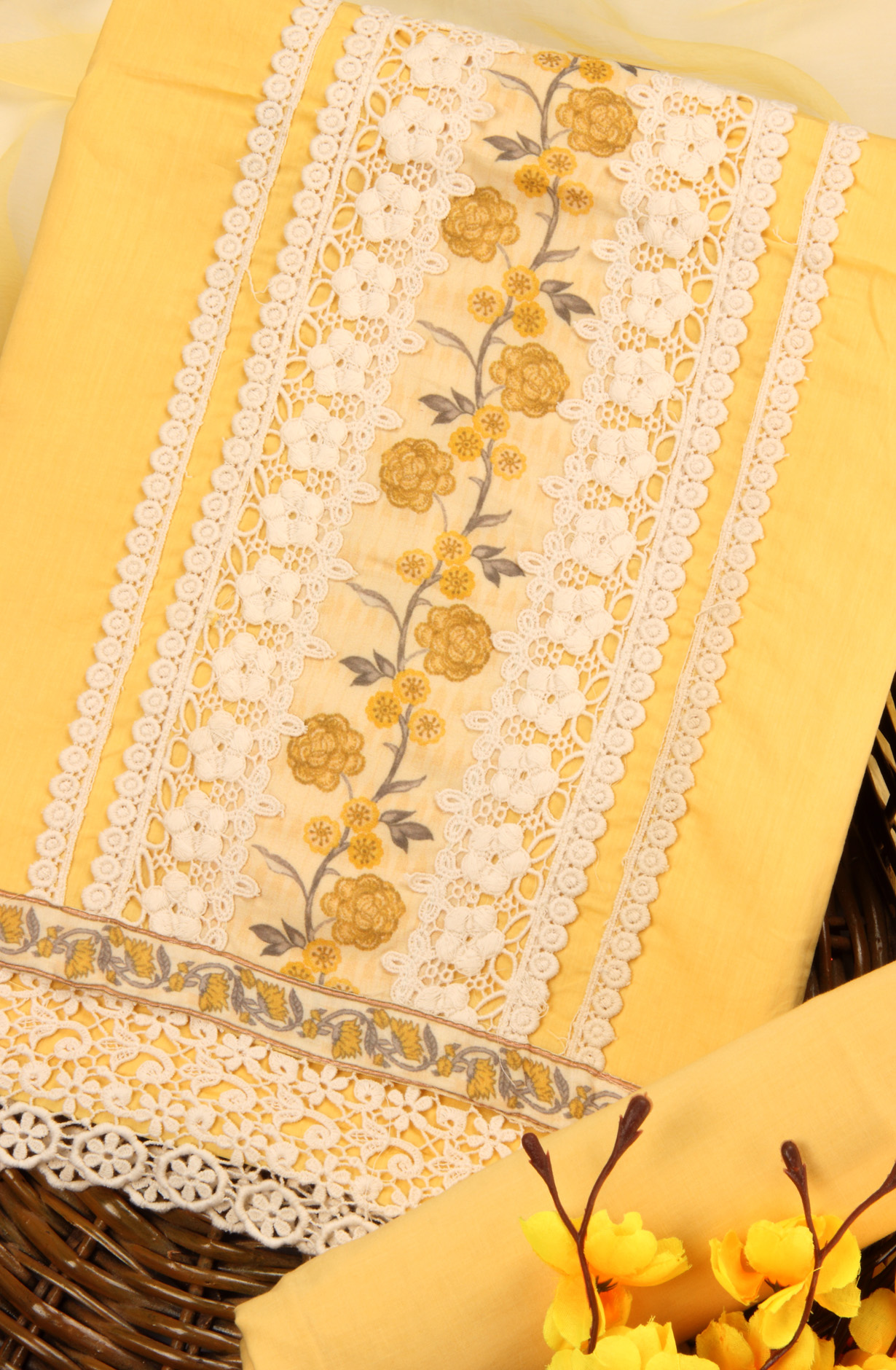 Yellow Cotton Lace Work Salwar Kameez with Chiffon Dupatta - MUD6012