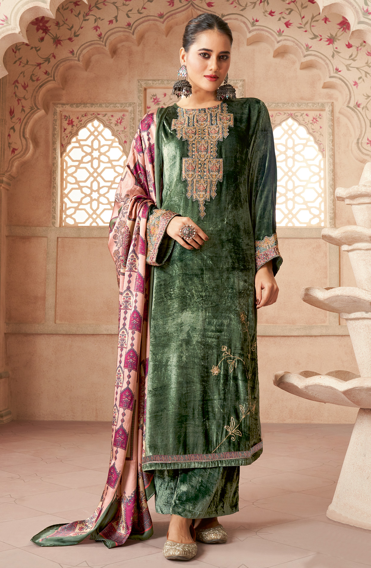 Bottle Green Green Designer Pure Velvet Embroidered Salwar Kameez - MUG724