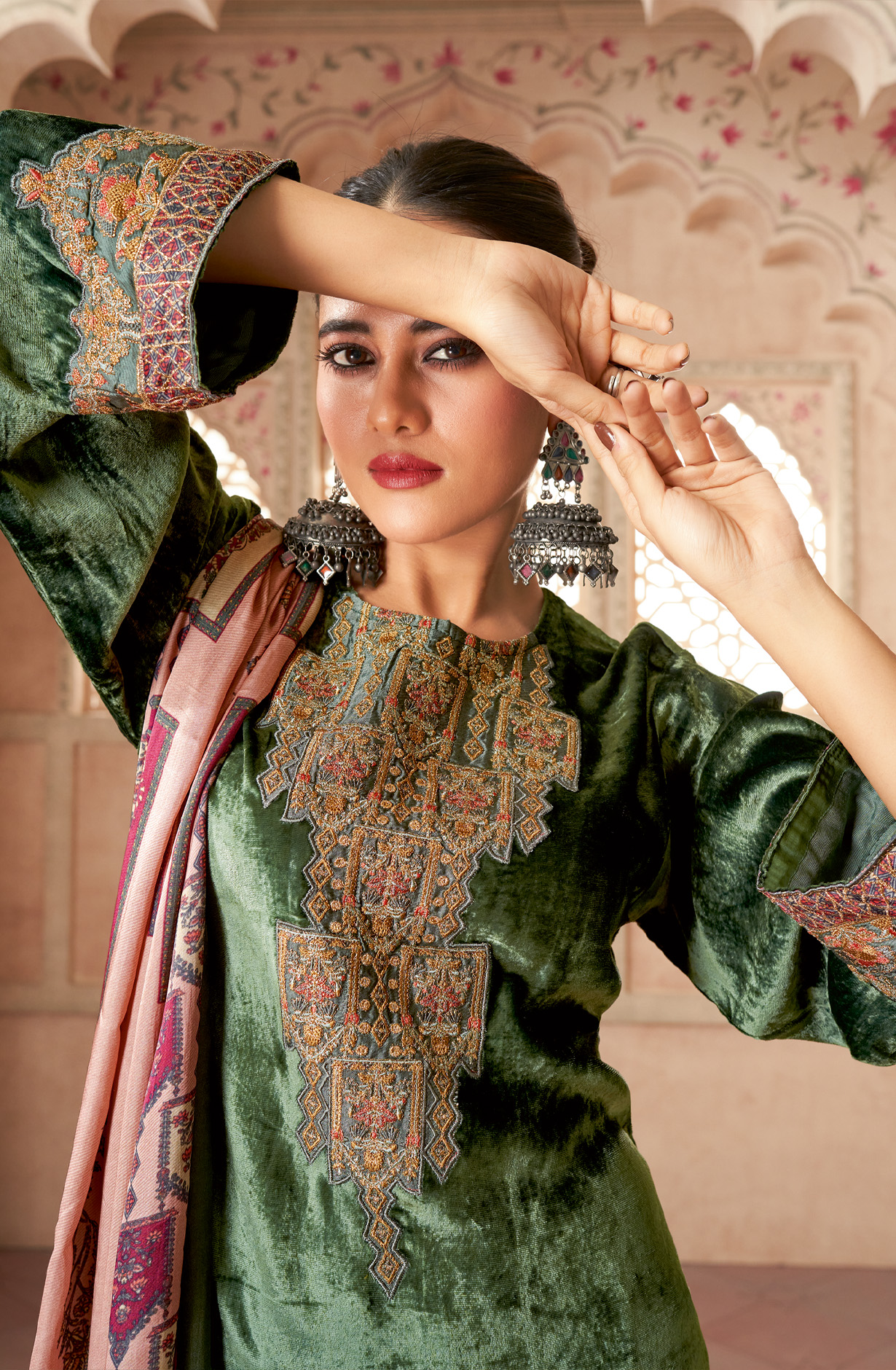 Bottle Green Green Designer Pure Velvet Embroidered Salwar Kameez - MUG724