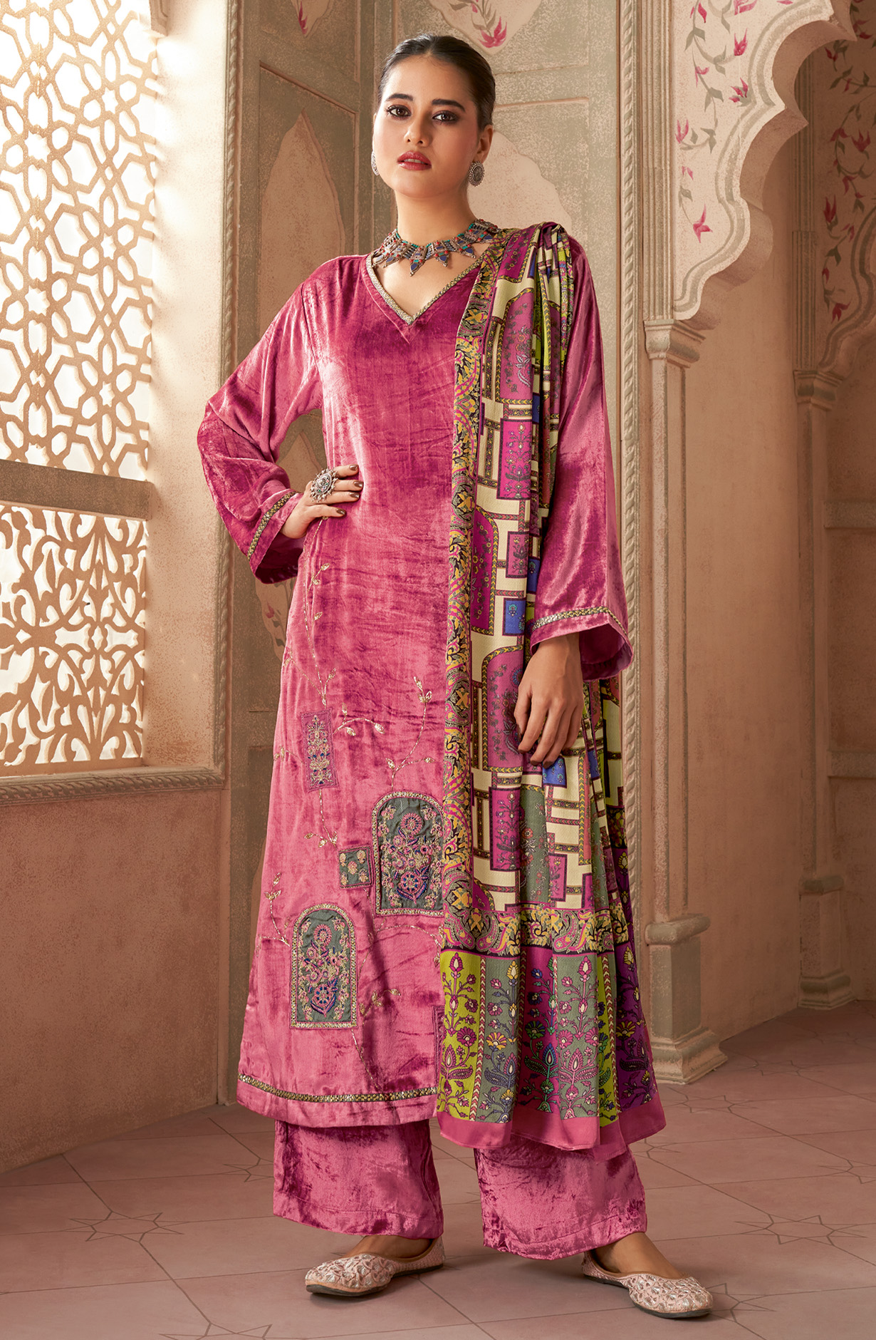 Pink Designer Pure Velvet Embroidered Salwar Suit - MUG736