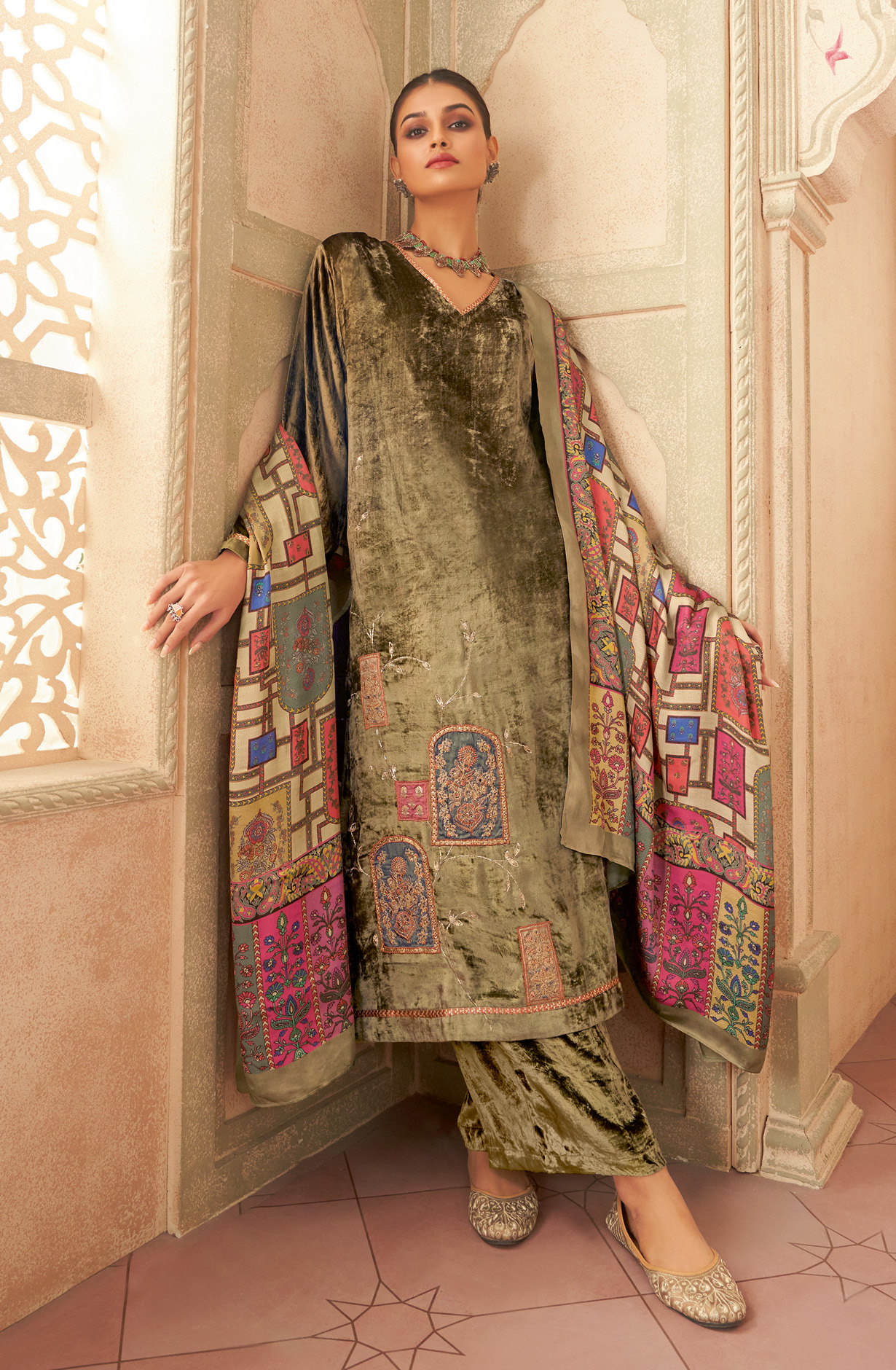 Mehndi Green Designer Pure Velvet Embroidered Salwar Kameez - MUG785