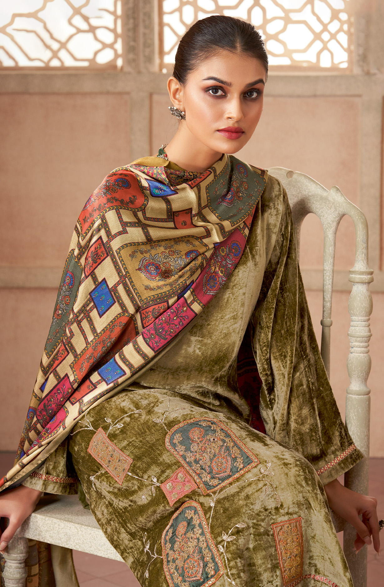 Mehndi Green Designer Pure Velvet Embroidered Salwar Kameez - MUG785