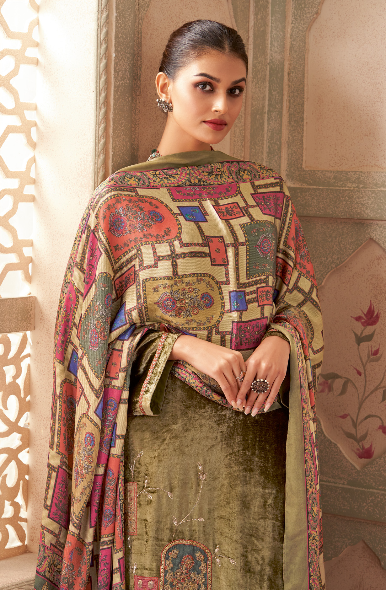 Mehndi Green Designer Pure Velvet Embroidered Salwar Kameez - MUG785