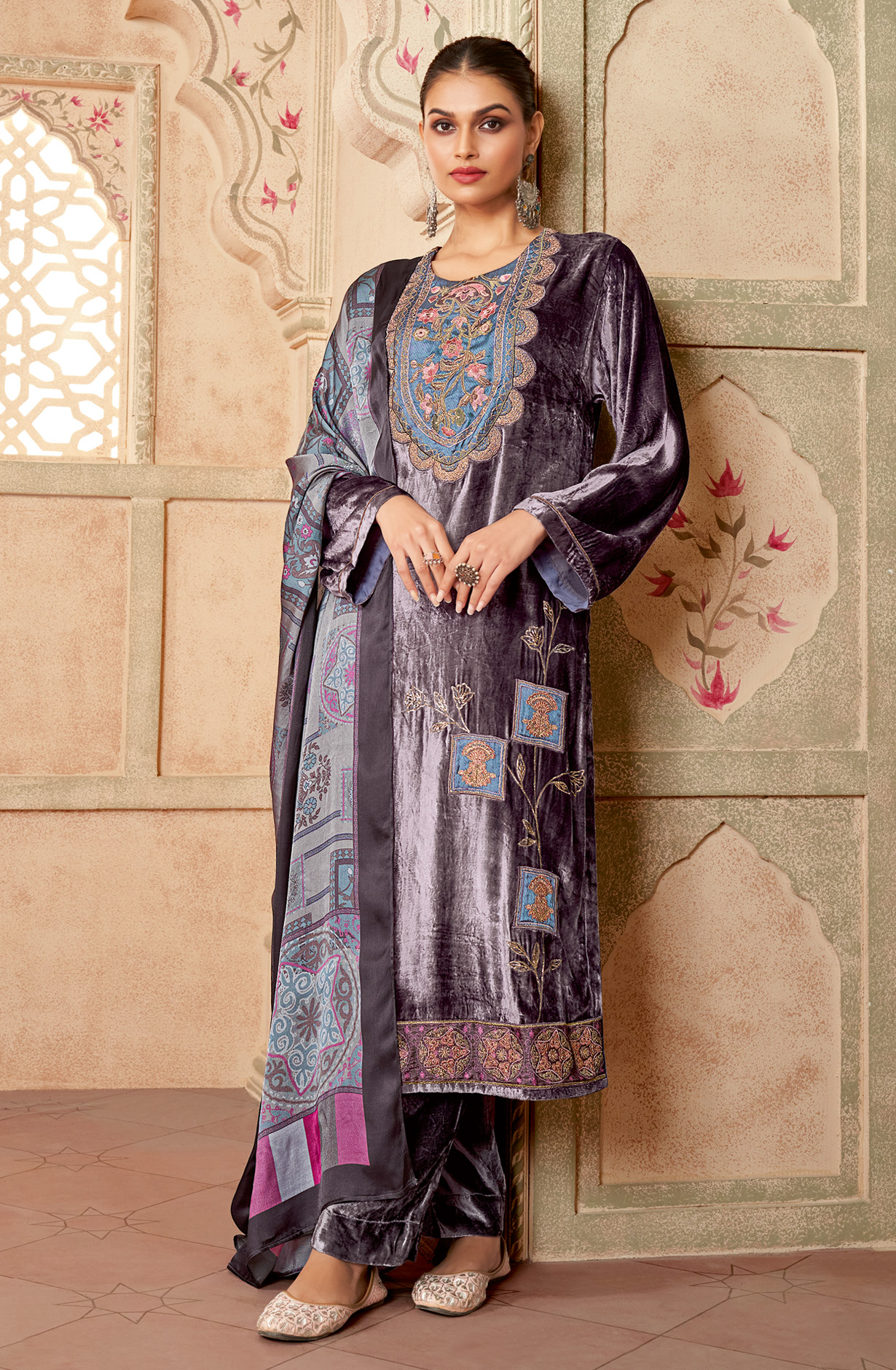 Light Purple Designer Pure Velvet Embroidered Salwar Suit - MUG795
