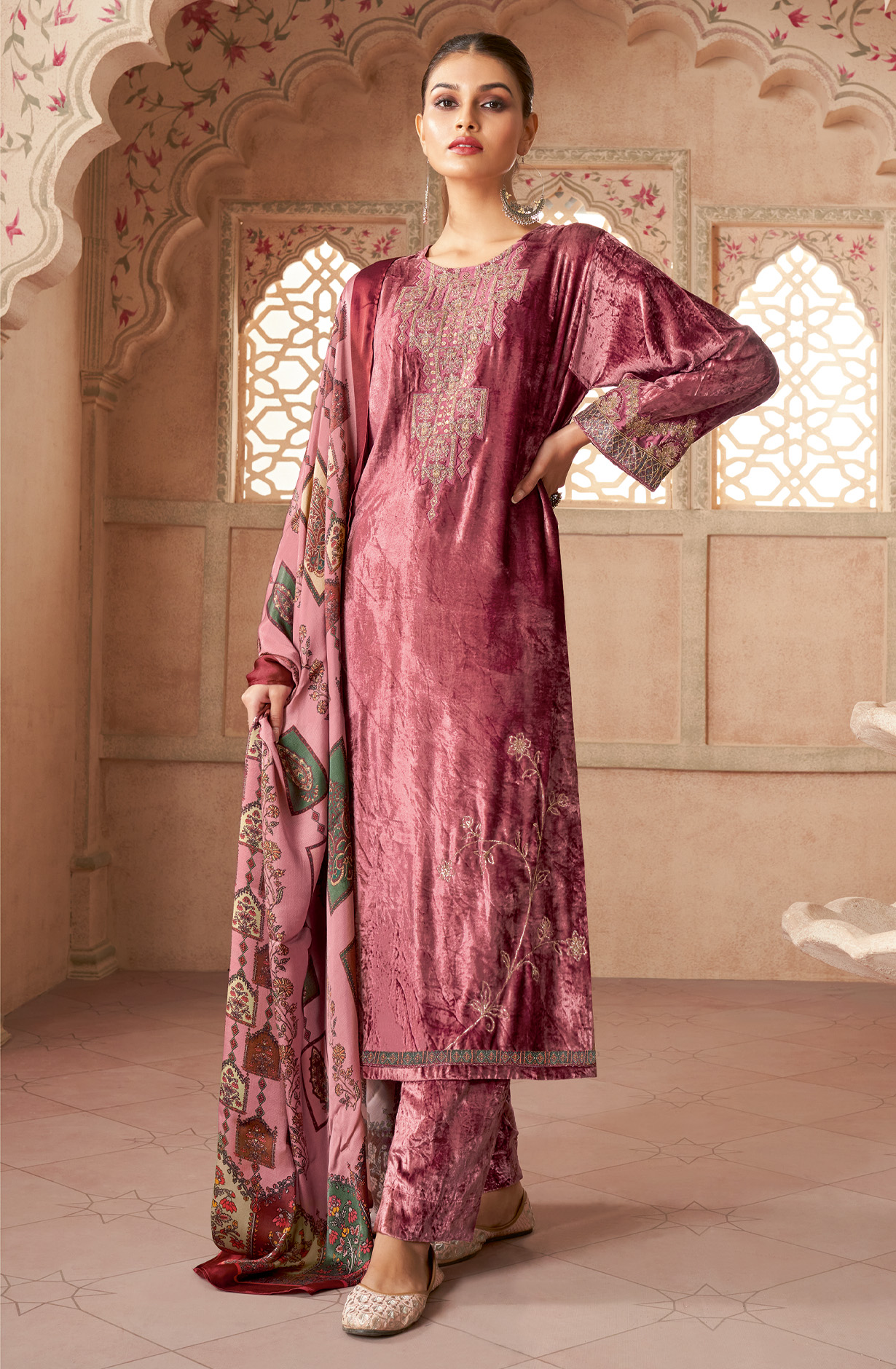 Pink Designer Pure Velvet Embroidered Salwar Kameez - MUG796