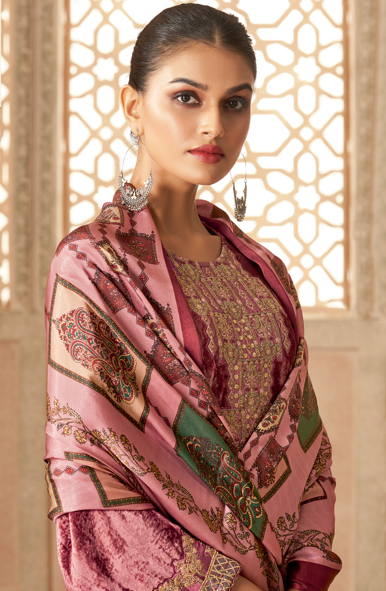Pink Designer Pure Velvet Embroidered Salwar Kameez - MUG796