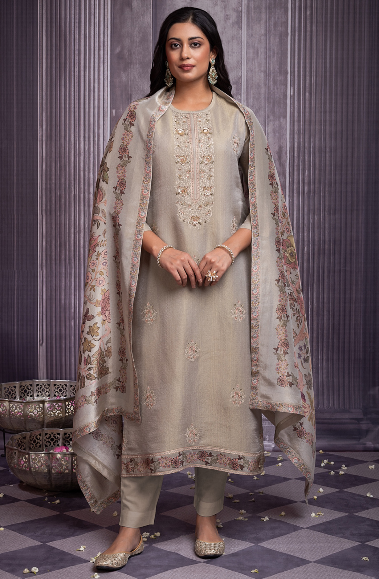 Beige Tissue Silk Silk Suit with Beautiful Digiital Printed Dupatta- MUK2269B