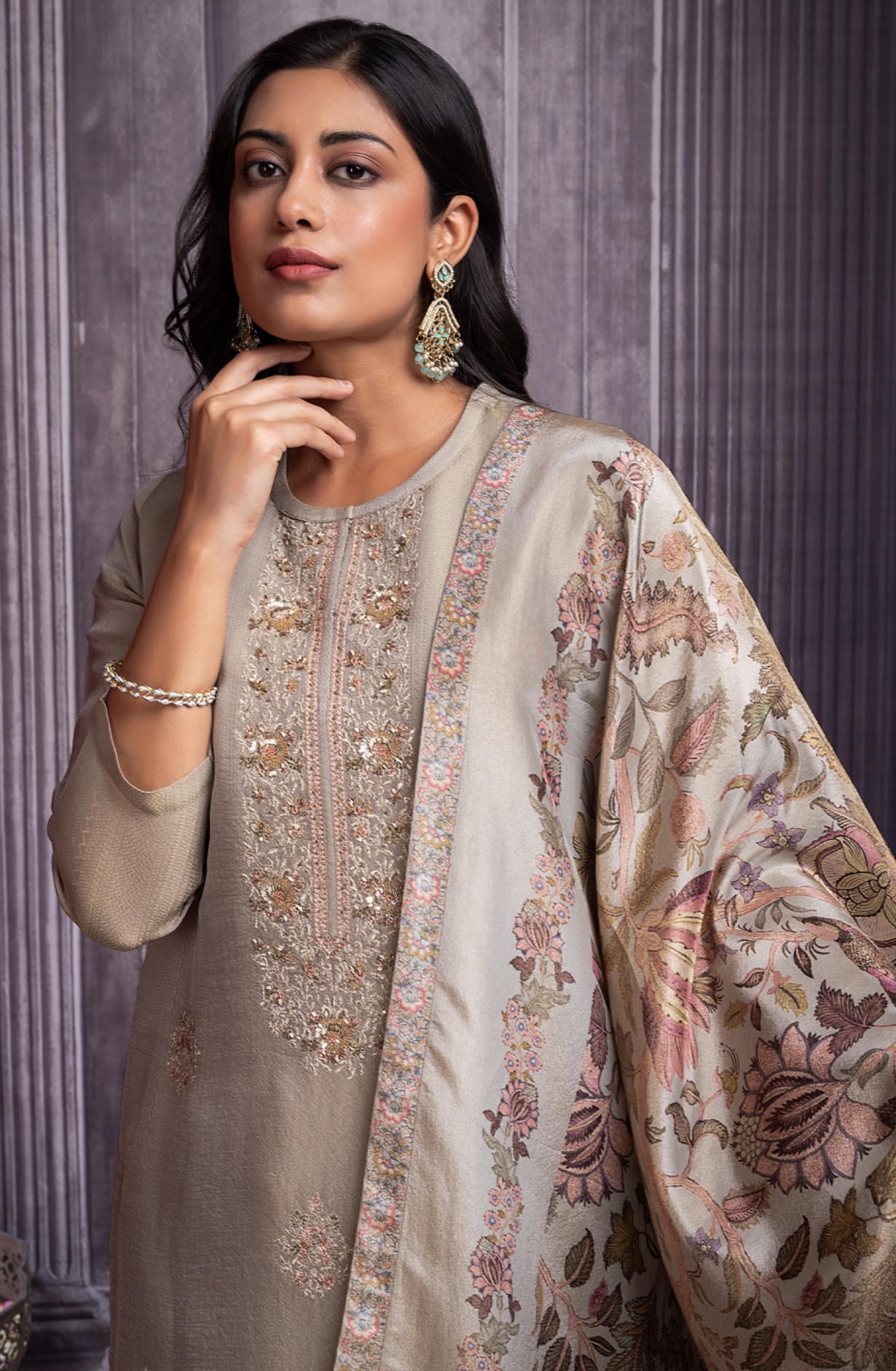 Beige Tissue Silk Silk Suit with Beautiful Digiital Printed Dupatta- MUK2269B