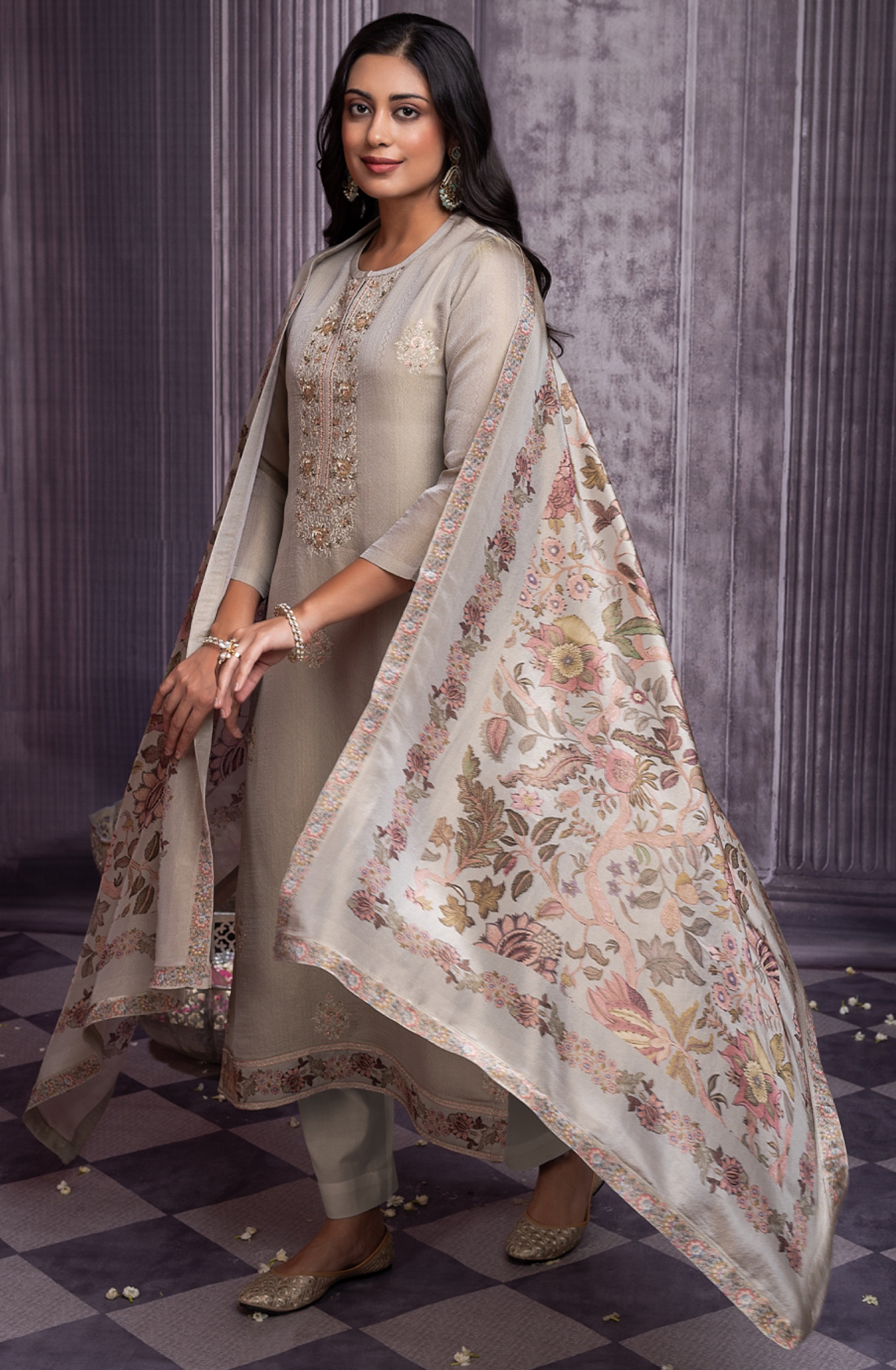 Beige Tissue Silk Silk Suit with Beautiful Digiital Printed Dupatta- MUK2269B