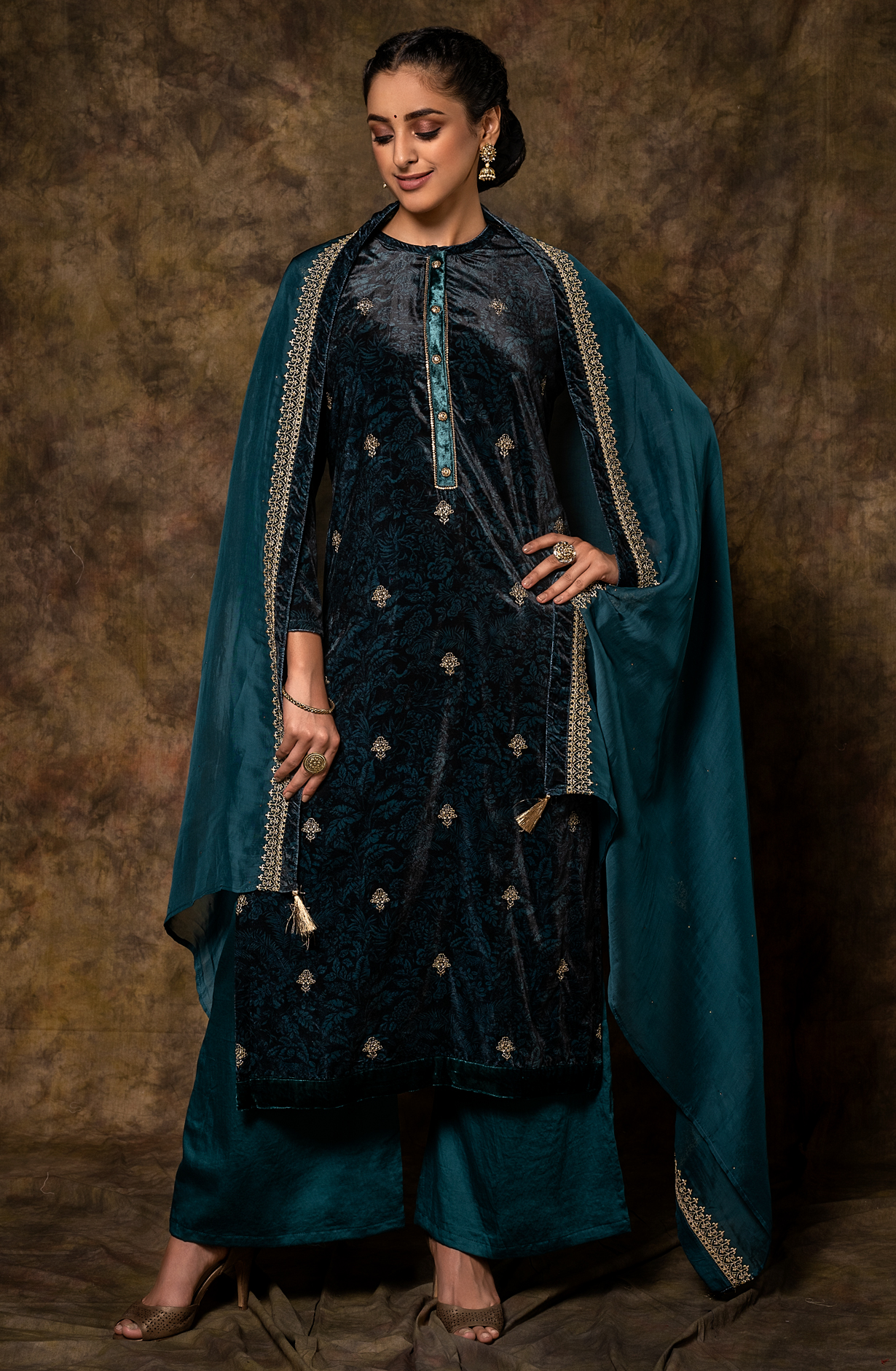 Bottle Green Velvet Designer Unstitched Salwar Kameez - MUS5566