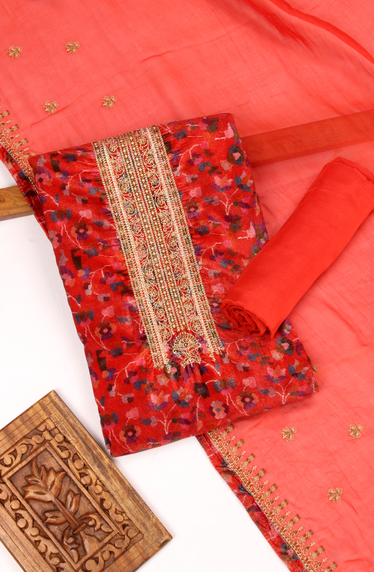 Rust Velvet Winter Wear Unstitched Salwar Kameez - MUS8746