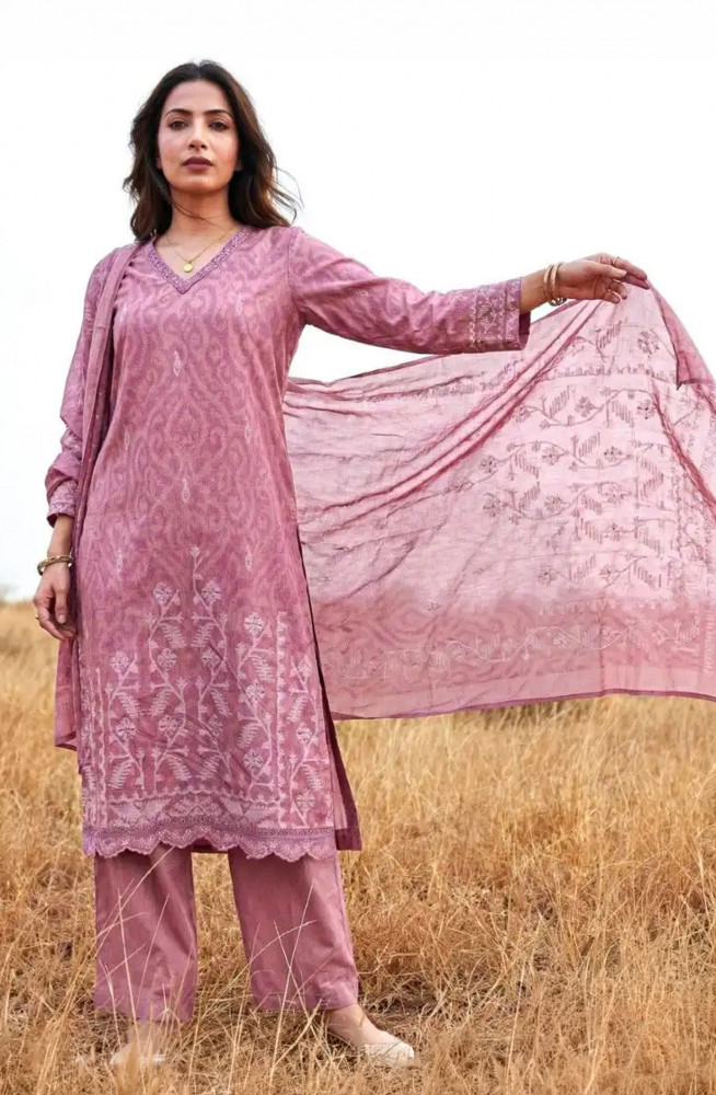 Image of Pink Pure Cotton Lawn Beautiful Suit Set with Dupatta - NAA387