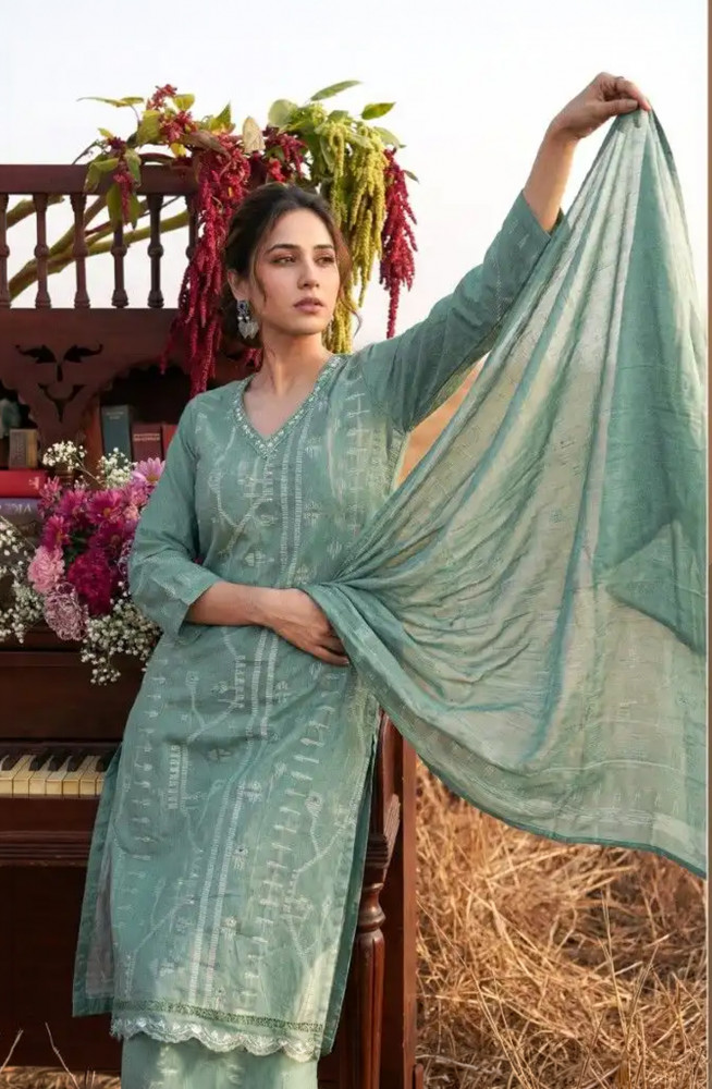 Image of Turquoise Pure Cotton Lawn Beautiful Suit Set with Dupatta - NAA366