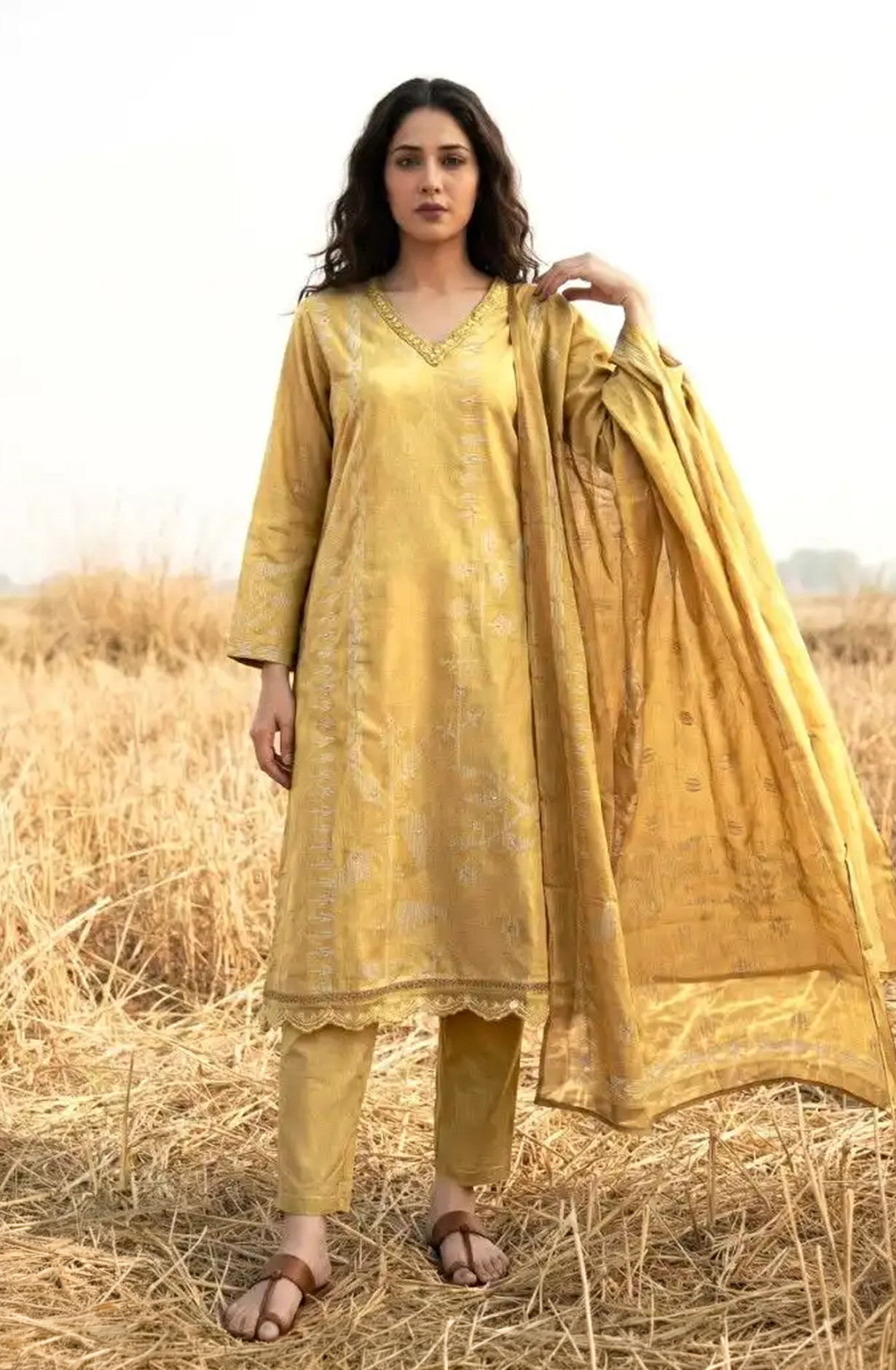 Mustard Pure Cotton Lawn Beautiful Suit Set with Dupatta - NAA358