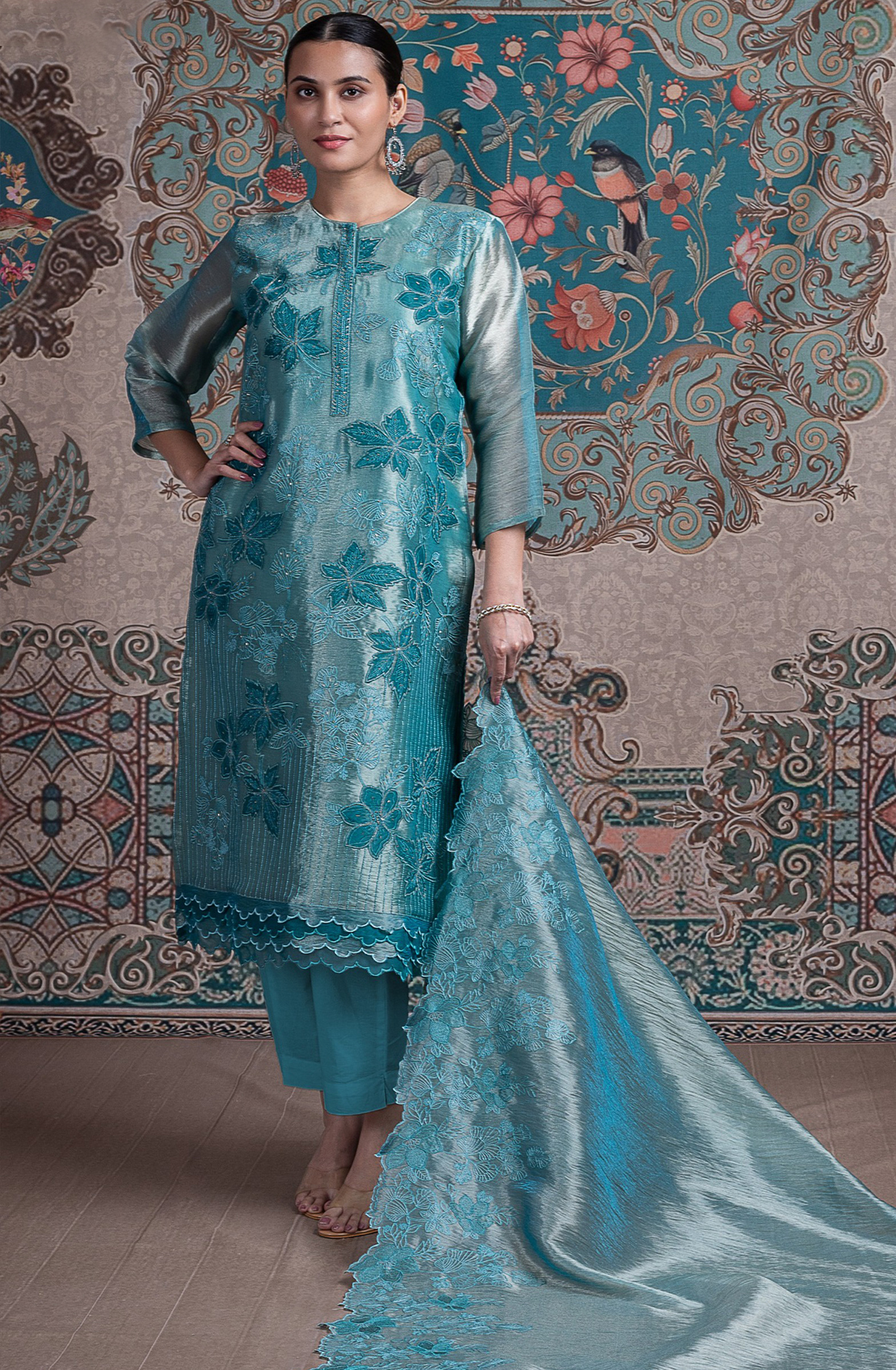 Green Glass Tissue Organza Suit with Dupatta - R157-SPR2368C