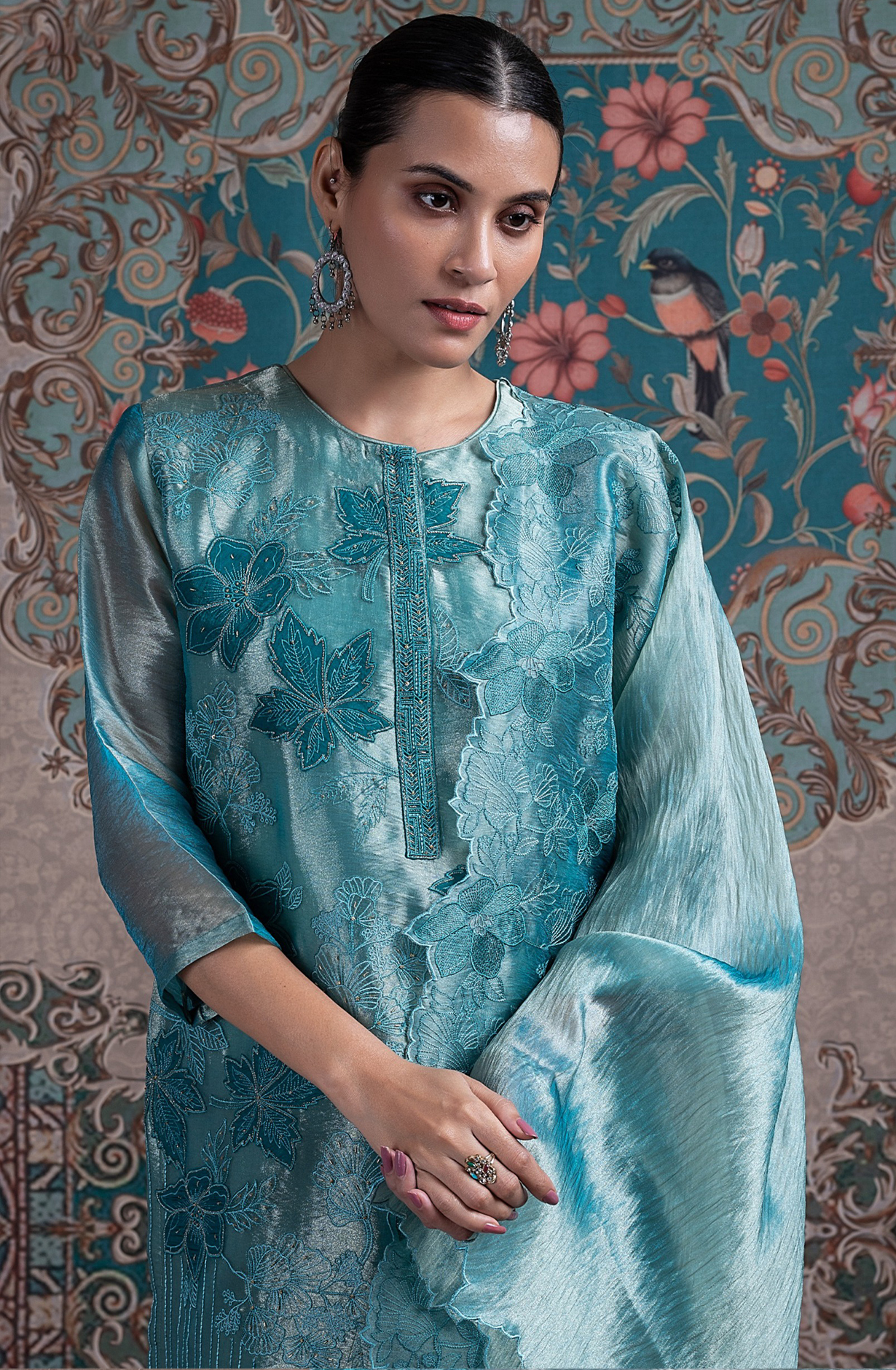 Green Glass Tissue Organza Suit with Dupatta - R157-SPR2368C