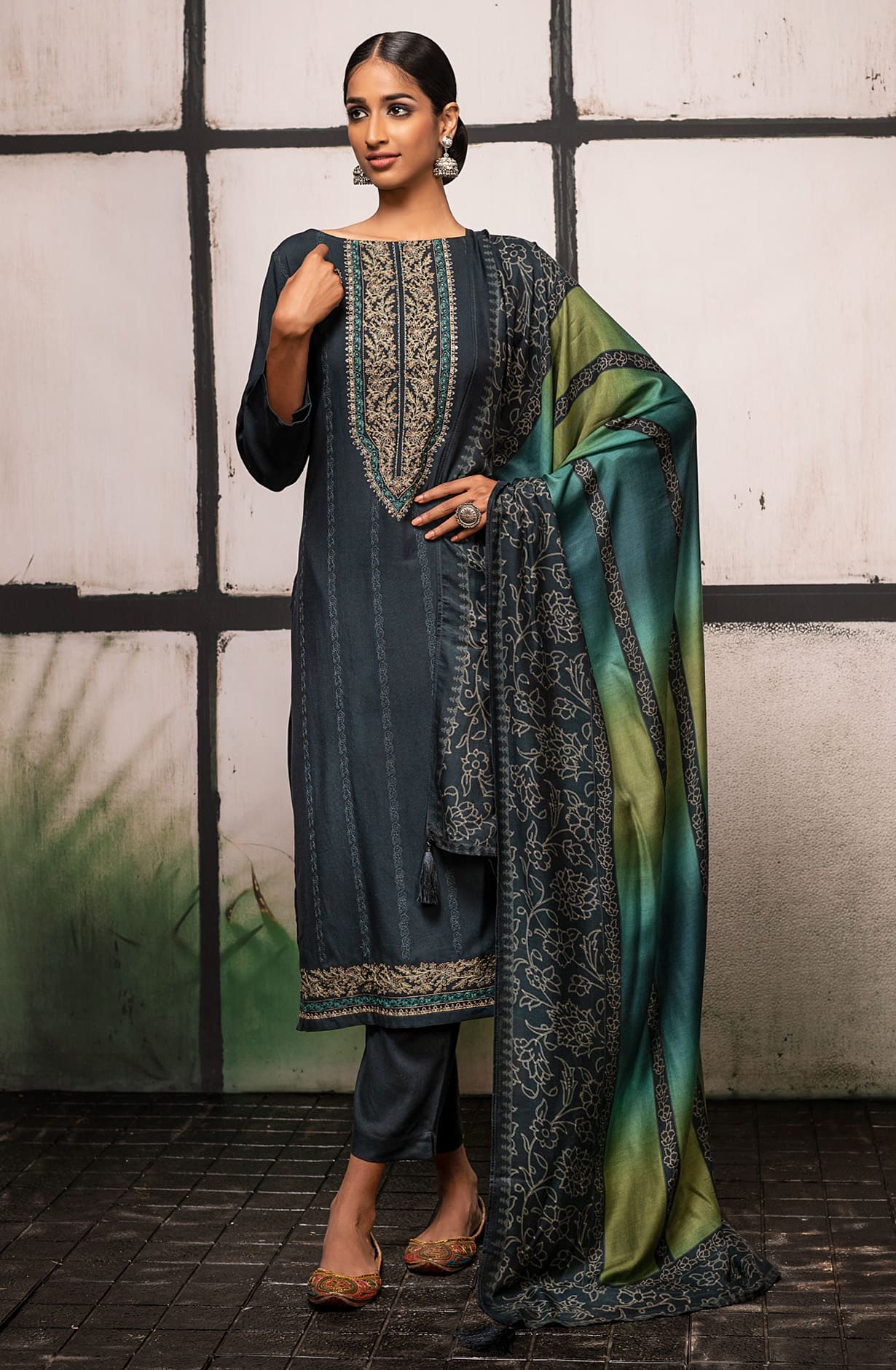Teal Pashmina Winterwear Printed Unstitched Salwar Kameez - NAR1635C