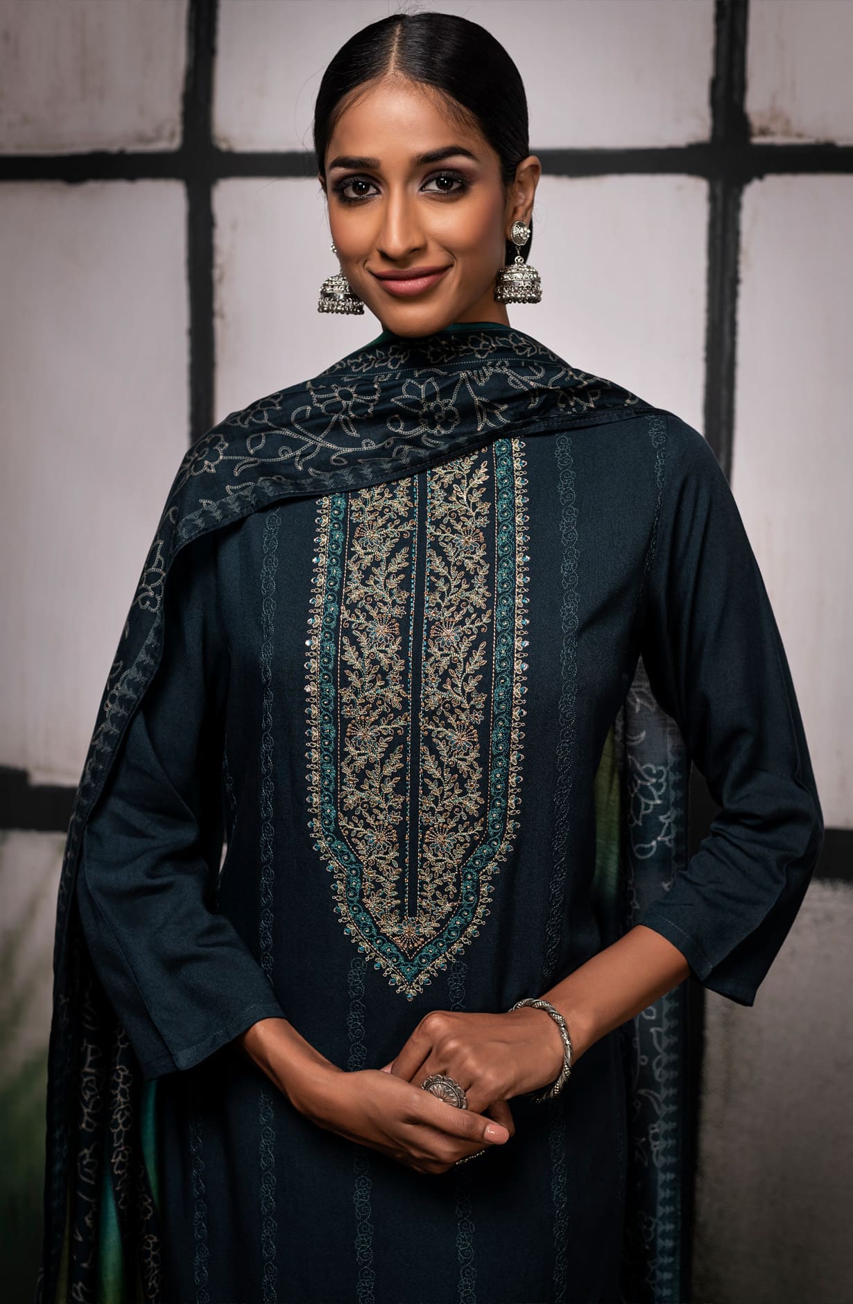 Teal Pashmina Winterwear Printed Unstitched Salwar Kameez - NAR1635C