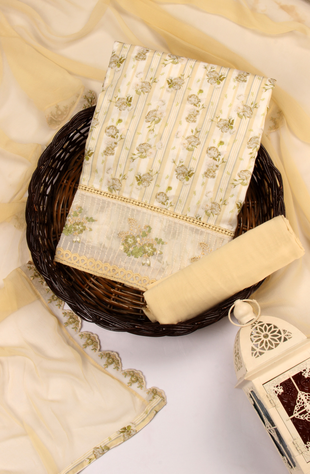 Beige Cotton Unstitched Salwar Suit with Chiffon Dupatta - NAS5291